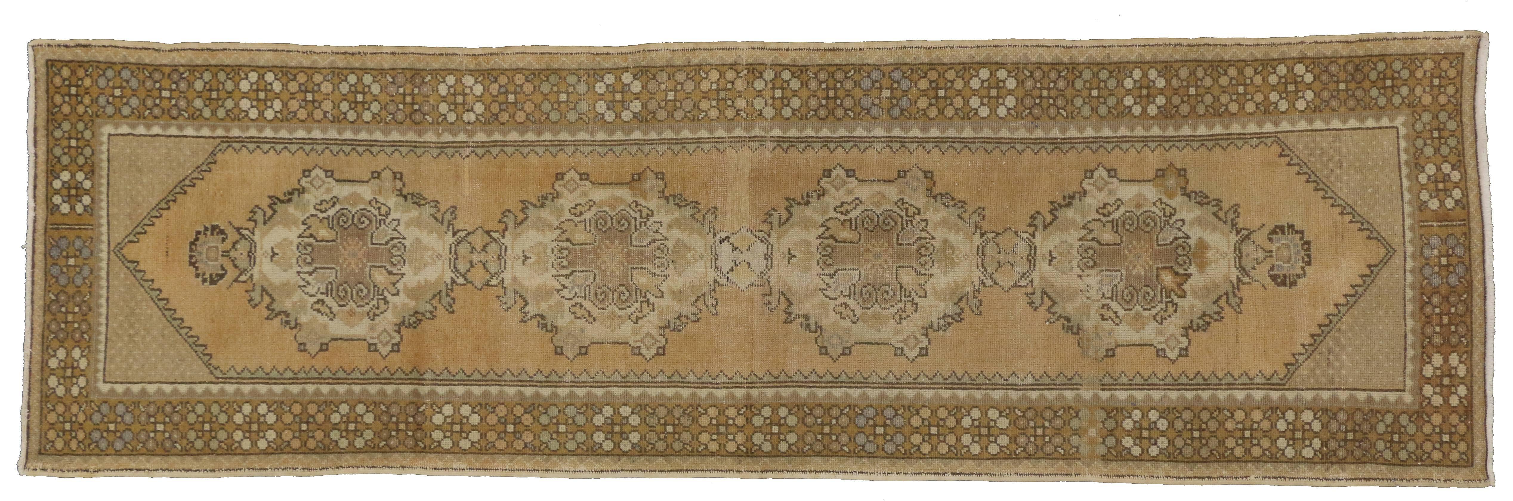 20th Century Vintage Turkish Oushak Runner in Warm, Neutral Colors, Hallway Runner For Sale