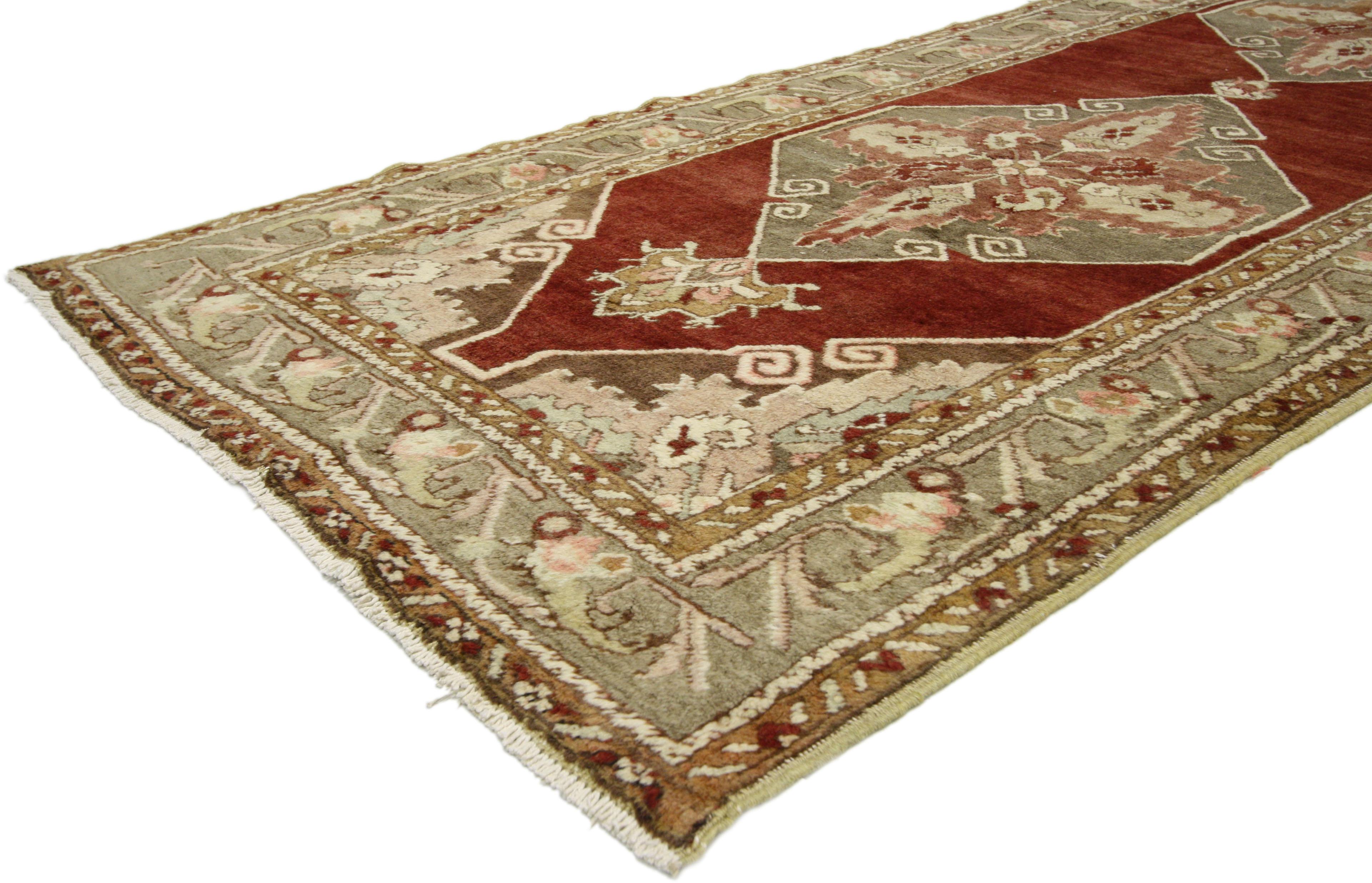 Vintage Turkish Oushak Runner, Jacobean Style Hallway Runner In Good Condition For Sale In Dallas, TX
