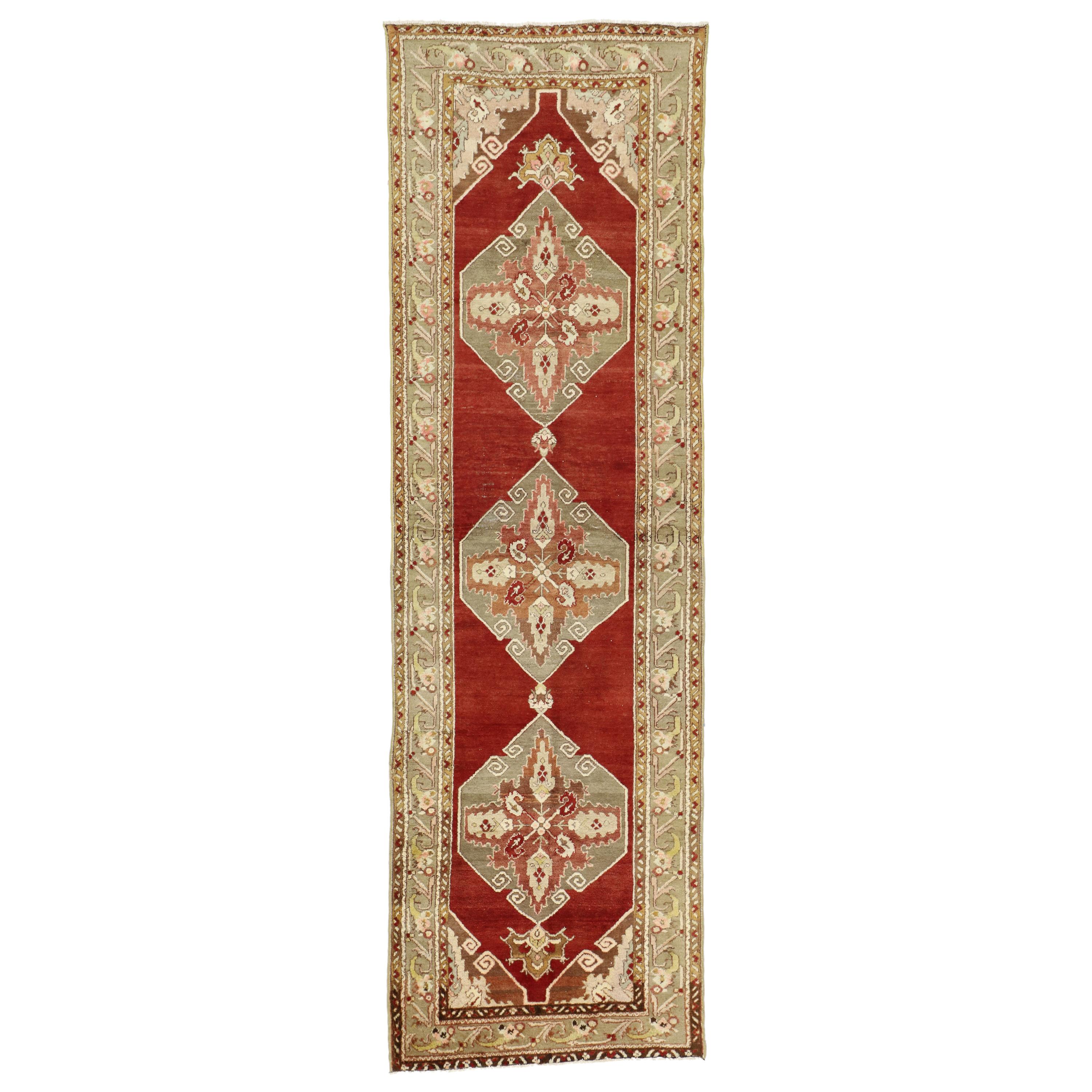 Vintage Turkish Oushak Runner, Jacobean Style Hallway Runner