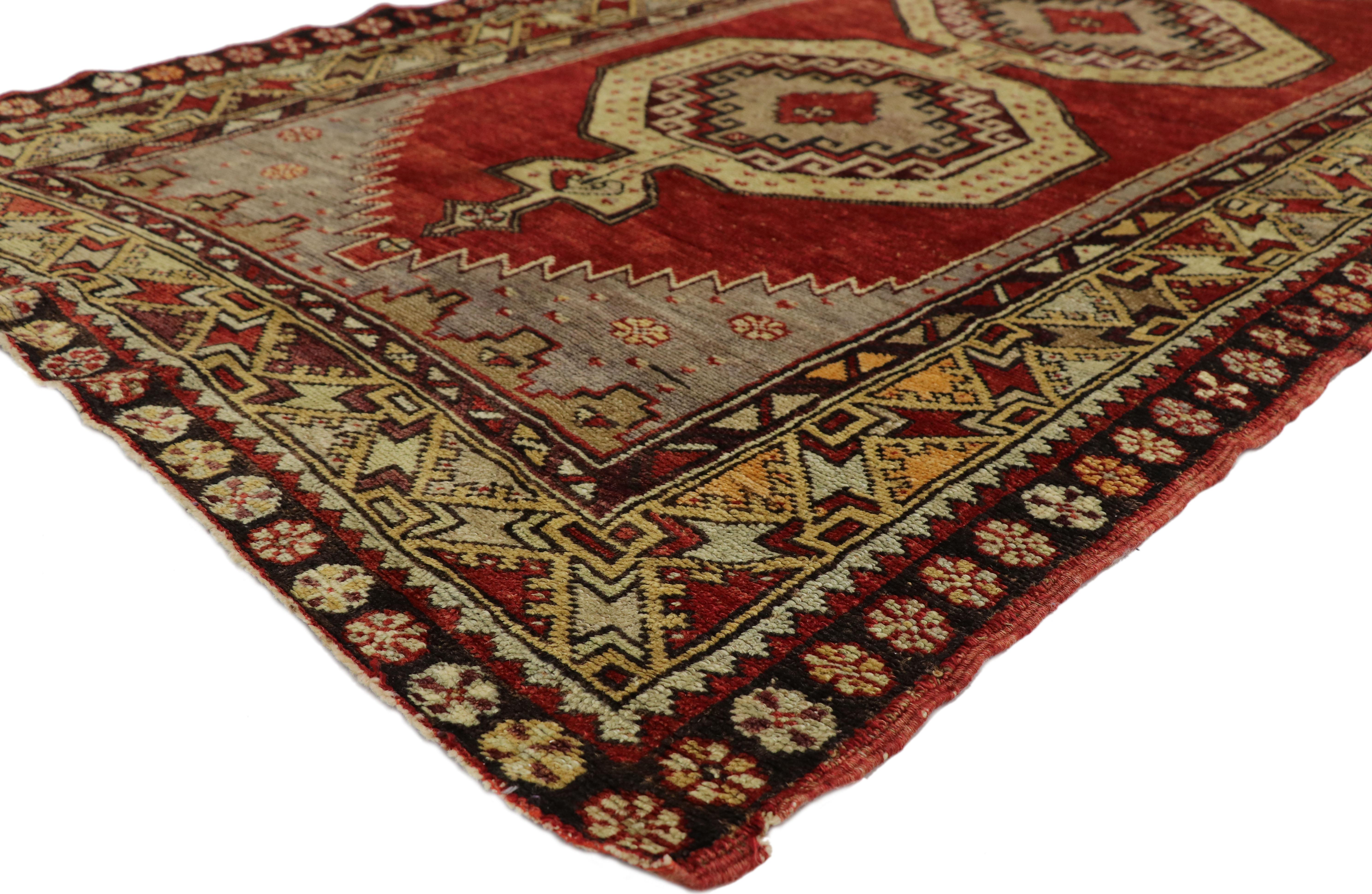 51808 Vintage Turkish Oushak Runner with Mid-Century Modern Style 03'09 X 10'08. This hand-knotted wool tribal style Oushak runner features four intricate rod amulets each filled with a garnet diamond centre and contrasting onyx tarantula borders.