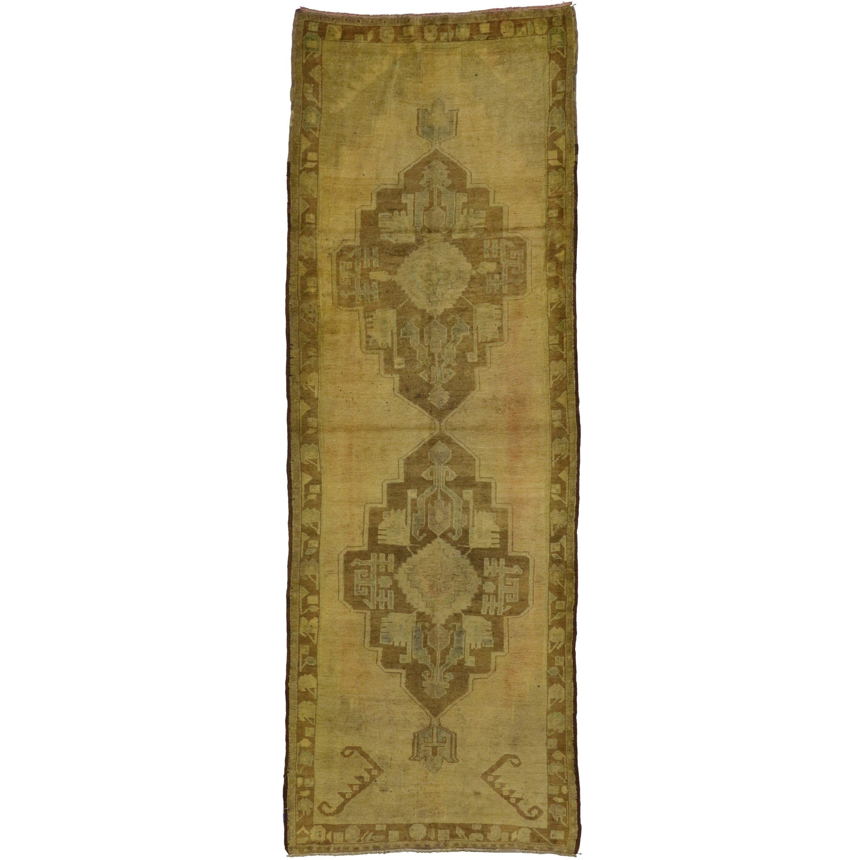 Vintage Turkish Oushak Runner, Mid-Century Modern Style Hallway Runner