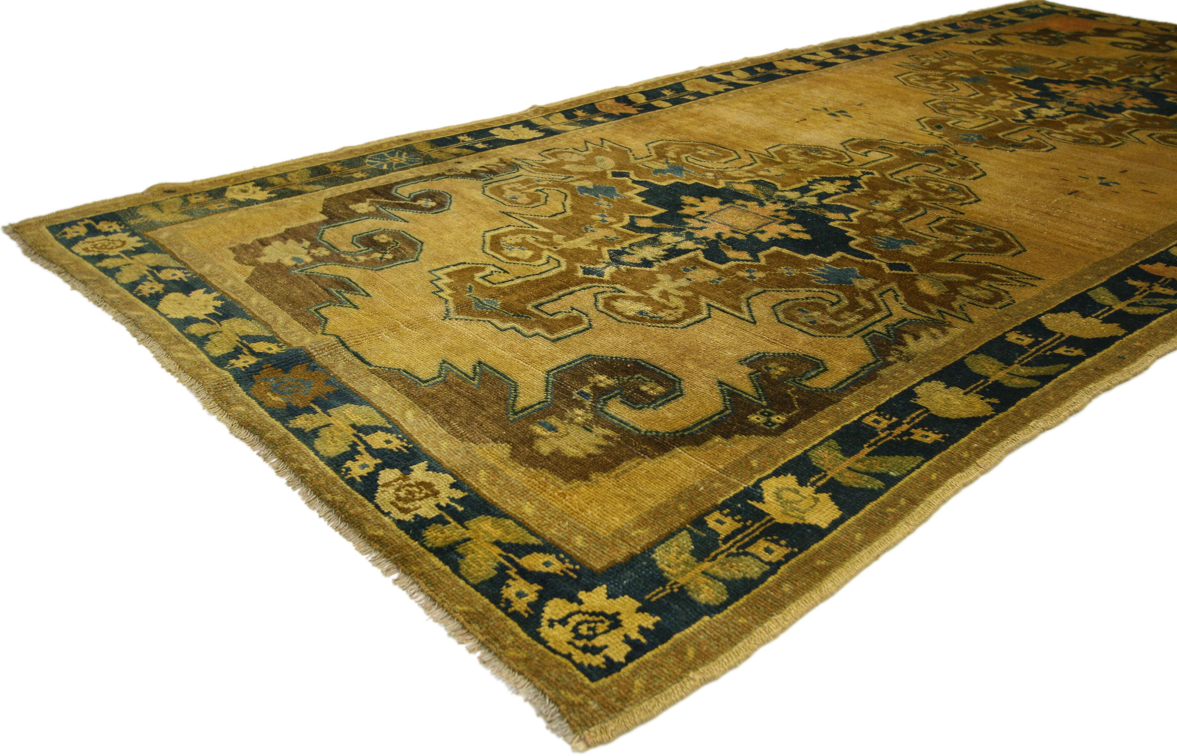 Hand-Knotted Vintage Turkish Oushak Runner Neoclassical Hollywood Glamour, Hallway Runner