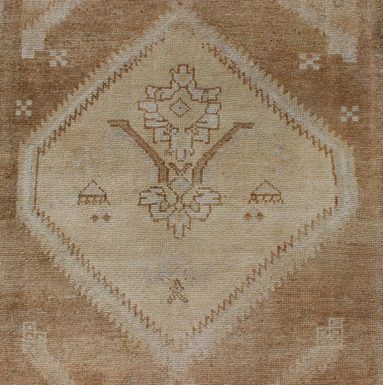 Vintage Turkish Oushak Runner Neutral and Warm Colors with Tribal Medallions For Sale 5