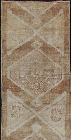 Vintage Turkish Oushak Runner Neutral and Warm Colors with Tribal Medallions