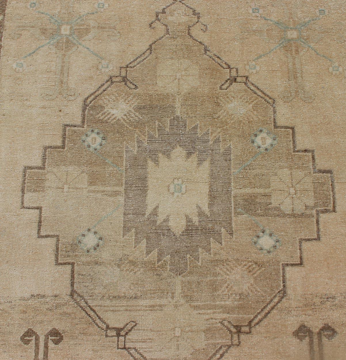 Vintage Turkish Oushak Runner Neutral and warm Colors with Tribal Medallions For Sale 1