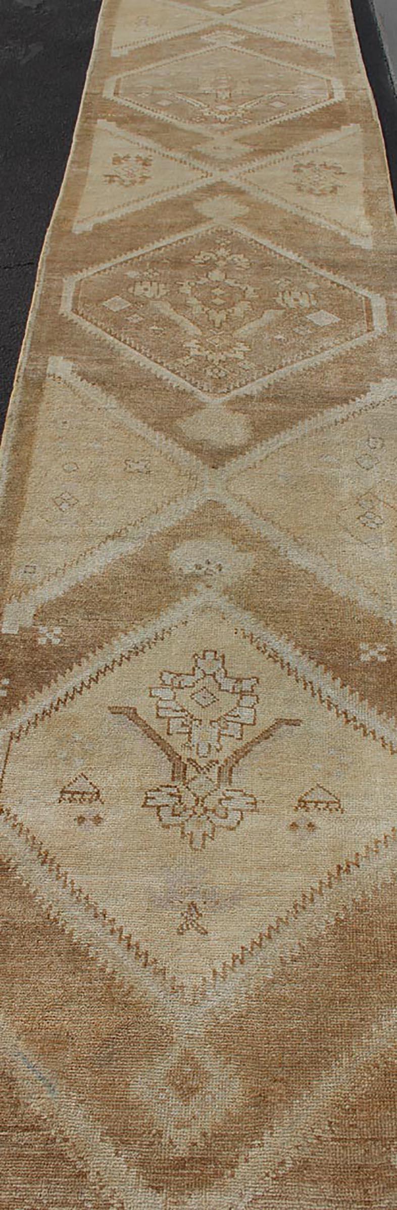 Vintage Turkish Oushak Runner Neutral and Warm Colors with Tribal Medallions For Sale 1