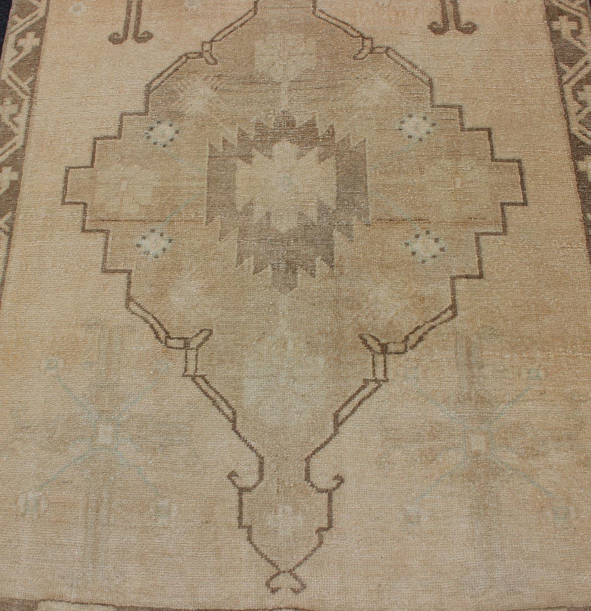 Vintage Turkish Oushak Runner Neutral and warm Colors with Tribal Medallions For Sale 2