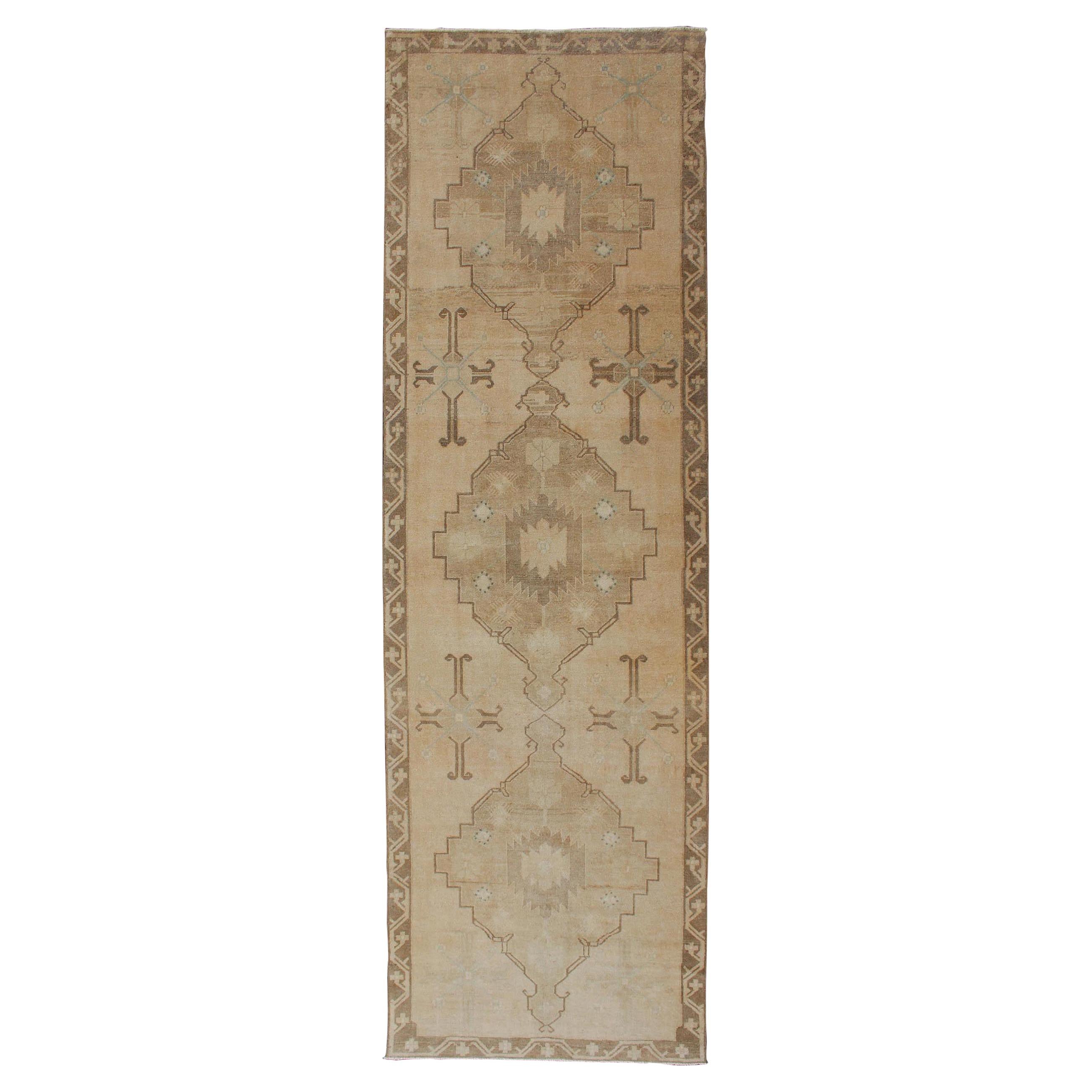 Vintage Turkish Oushak Runner Neutral and warm Colors with Tribal Medallions