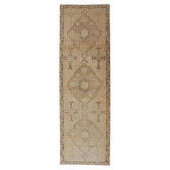 Vintage Turkish Oushak Runner Neutral and warm Colors with Tribal Medallions
