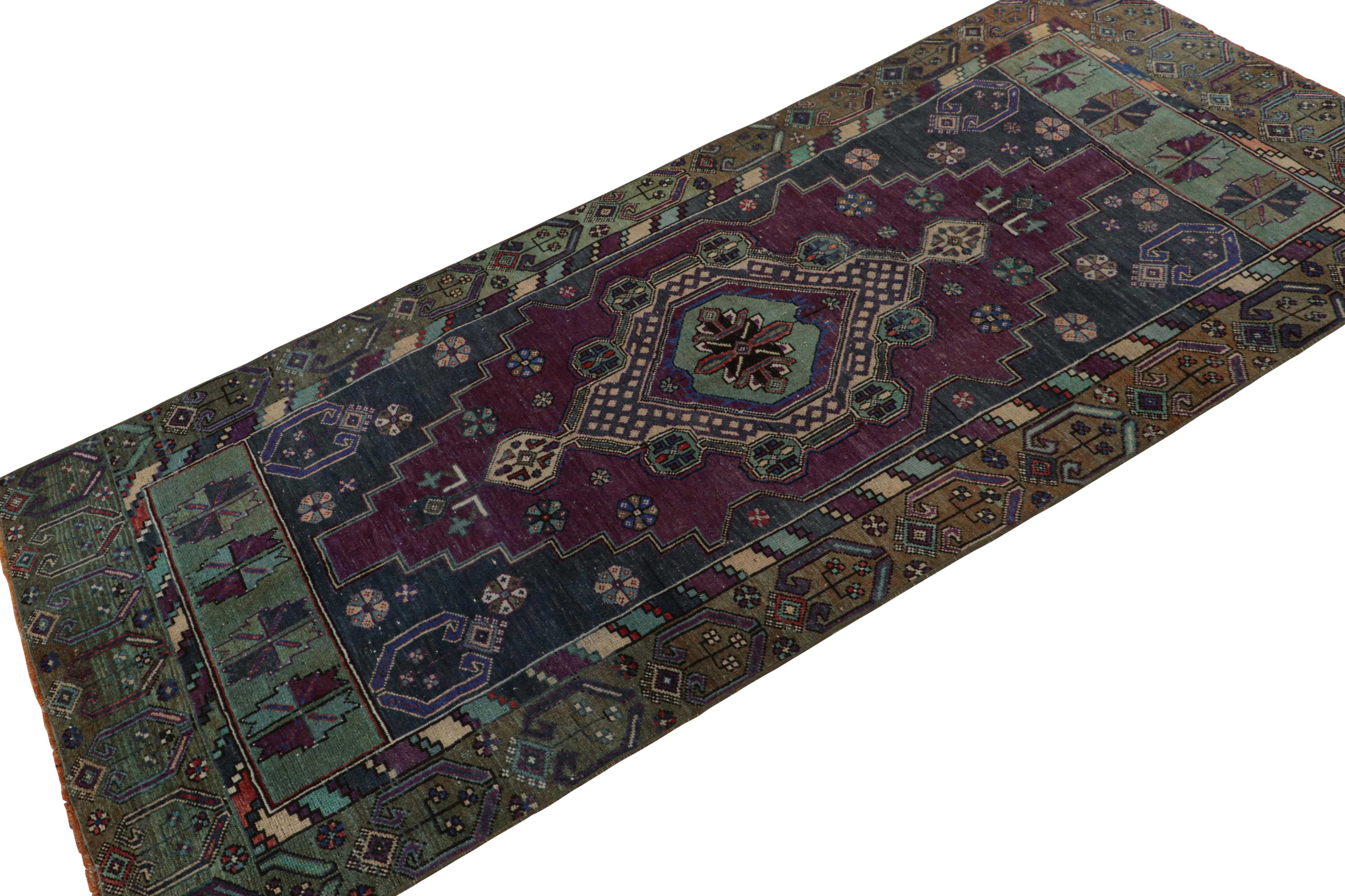 Hand Knotted in wool, this vintage 3x7 Turkish Oushak runner rug features a central medallion and geometric patterns on a rich aubergine field. 

On the Design: 

Connoisseurs will admire this personal vintage piece meant to catch the eye, yet still