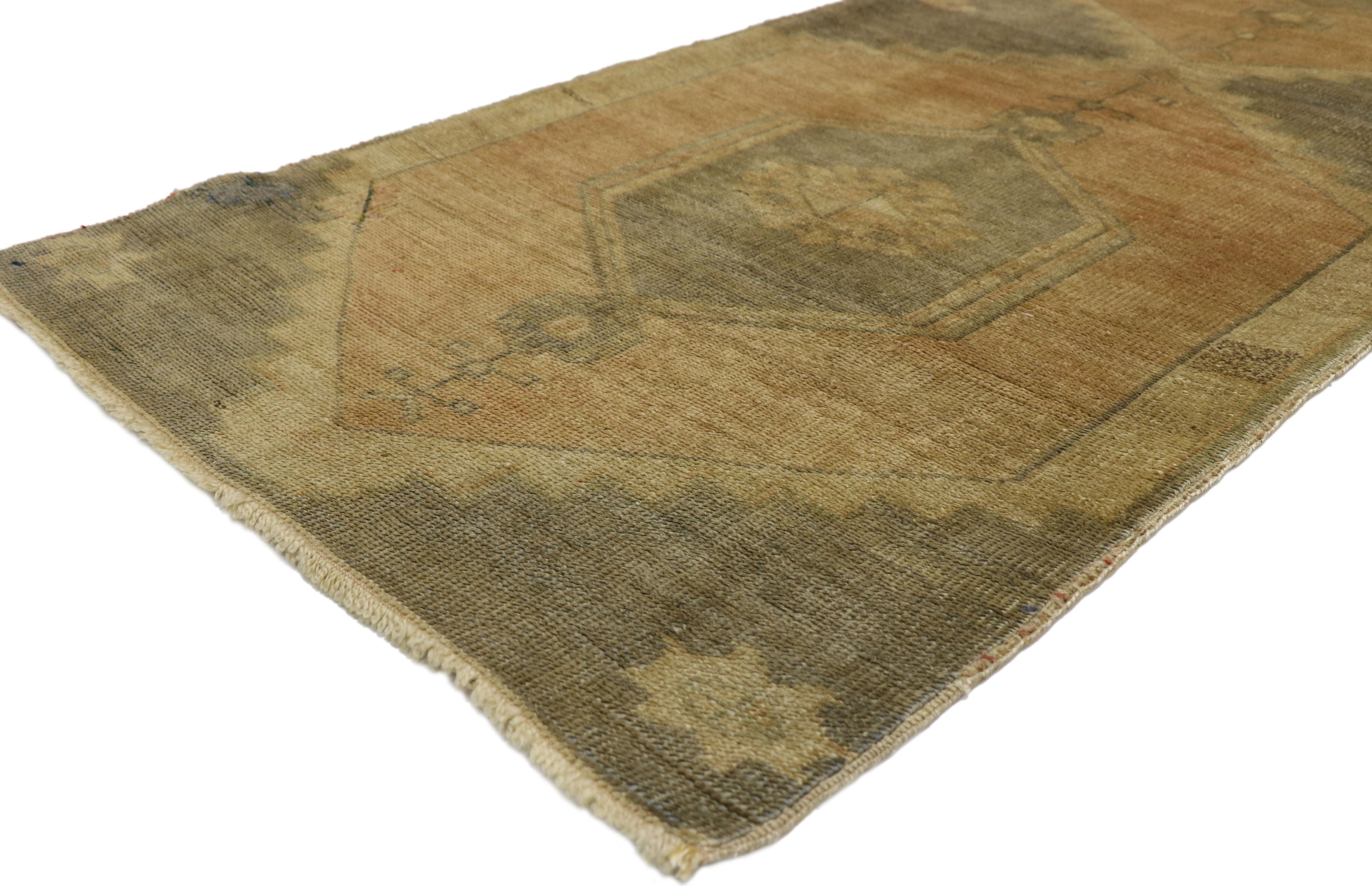 50038, Vintage Turkish Oushak Runner Runner with Mid-Century Modern Style 02'06 X 11'11. Emanating modern elegance and delightfully distinctive, this hand knotted wool vintage Turkish Oushak runner handsomely combines Mid-Century Modern style with