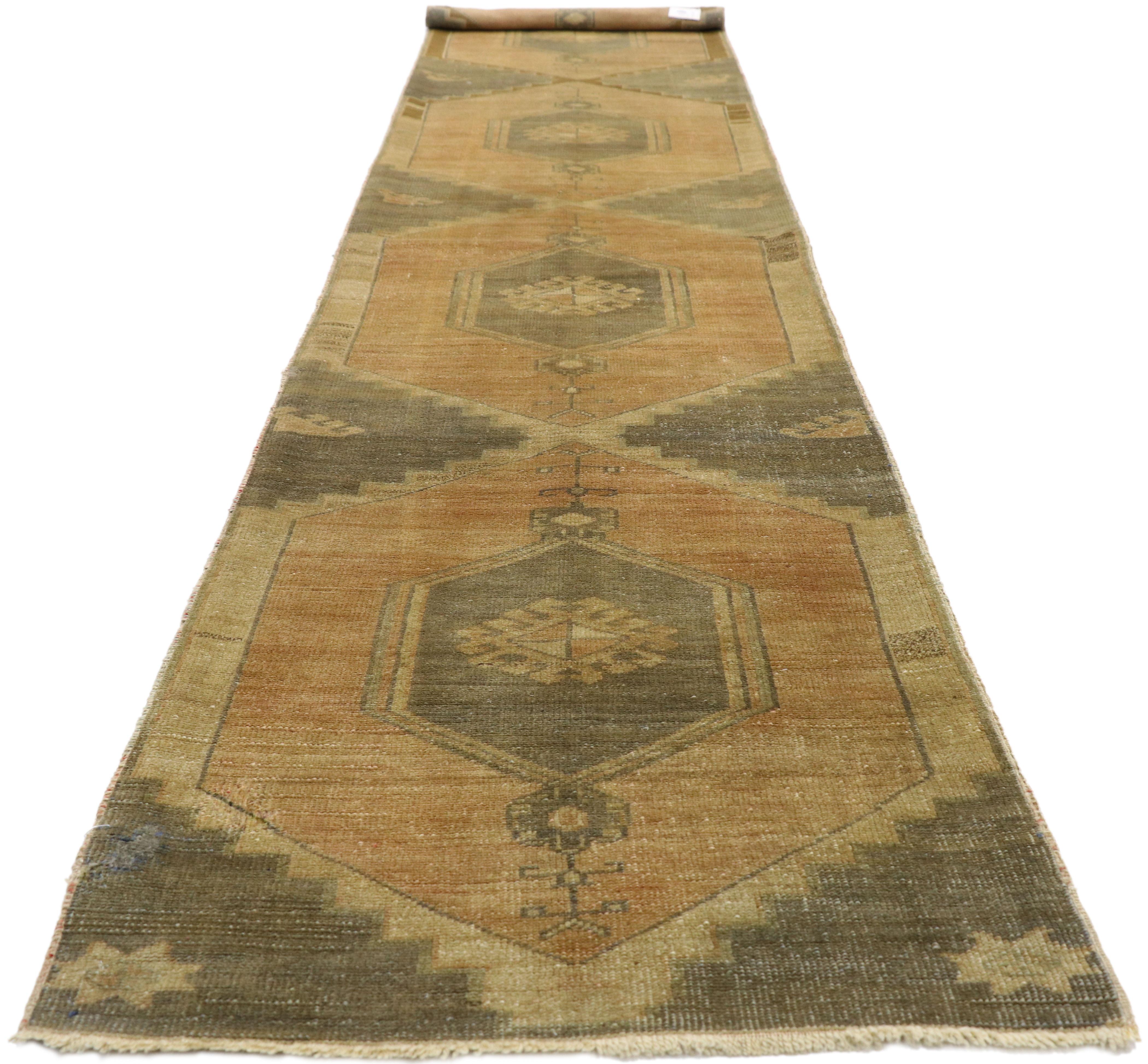 Hand-Knotted Vintage Turkish Oushak Runner Runner with Mid-Century Modern Style For Sale