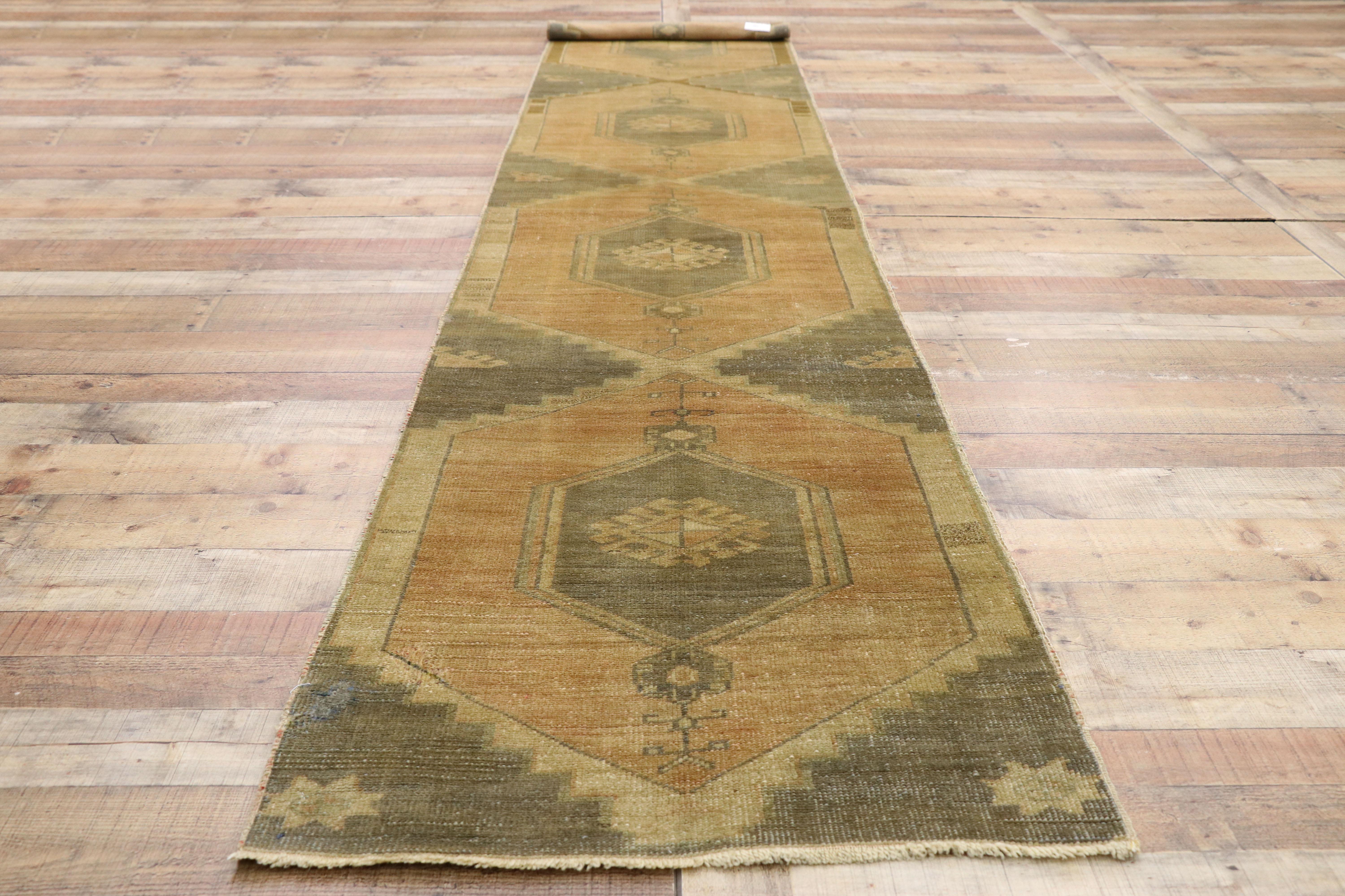 Vintage Turkish Oushak Runner Runner with Mid-Century Modern Style For Sale 1