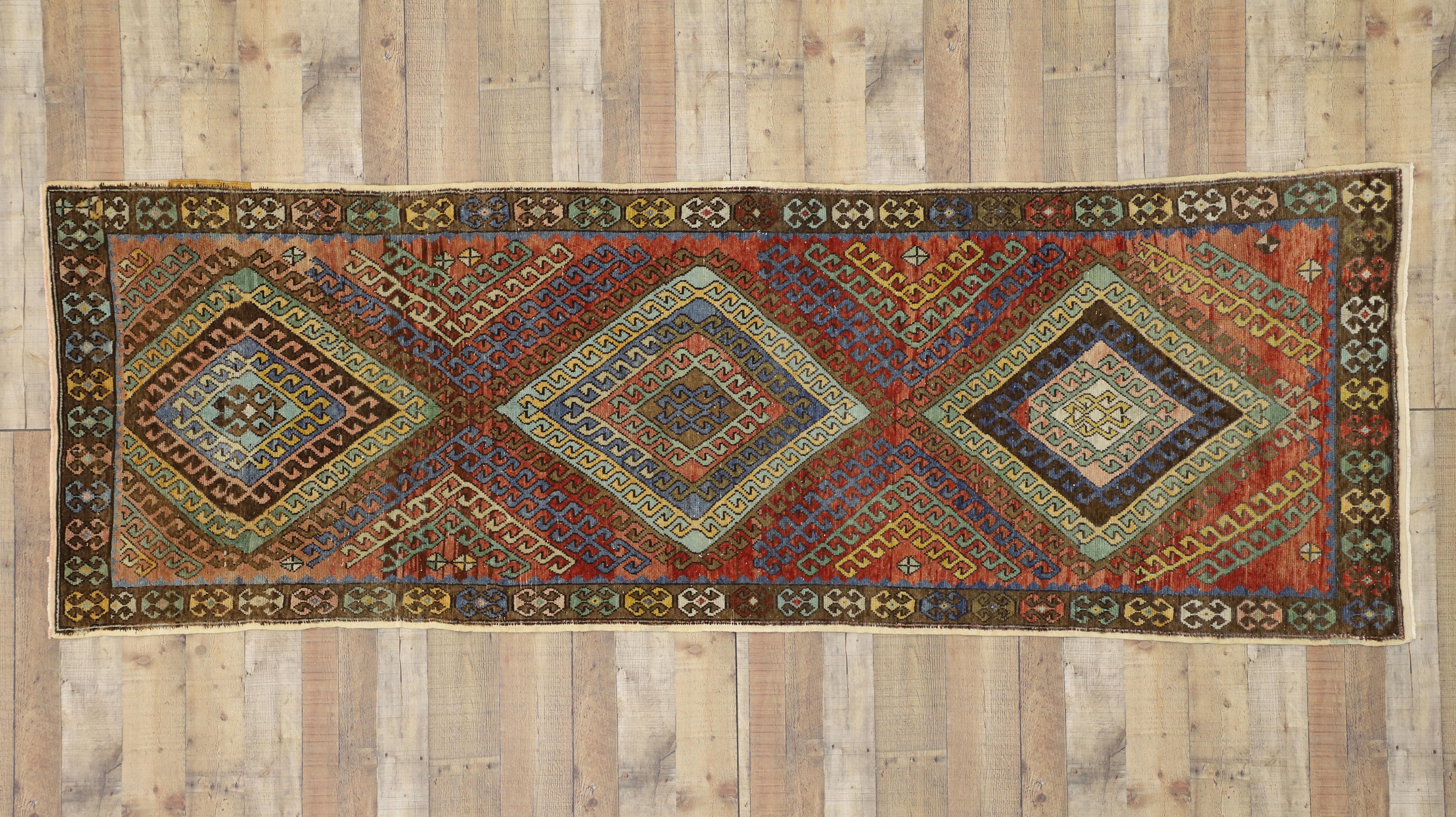 Hand-Knotted Vintage Turkish Oushak Runner, Tribal Style Hallway Runner For Sale