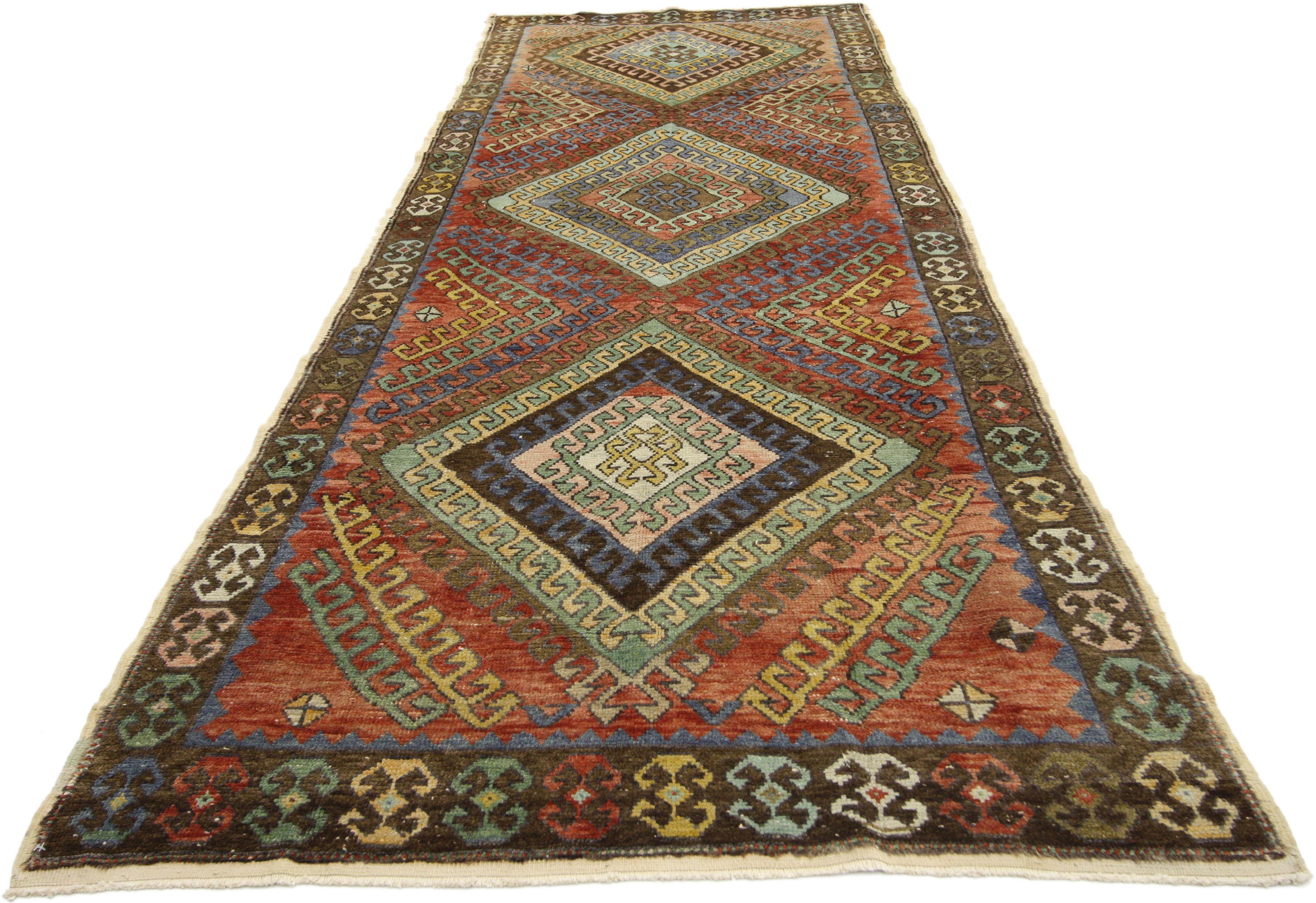 Vintage Turkish Oushak Runner, Tribal Style Hallway Runner For Sale 1