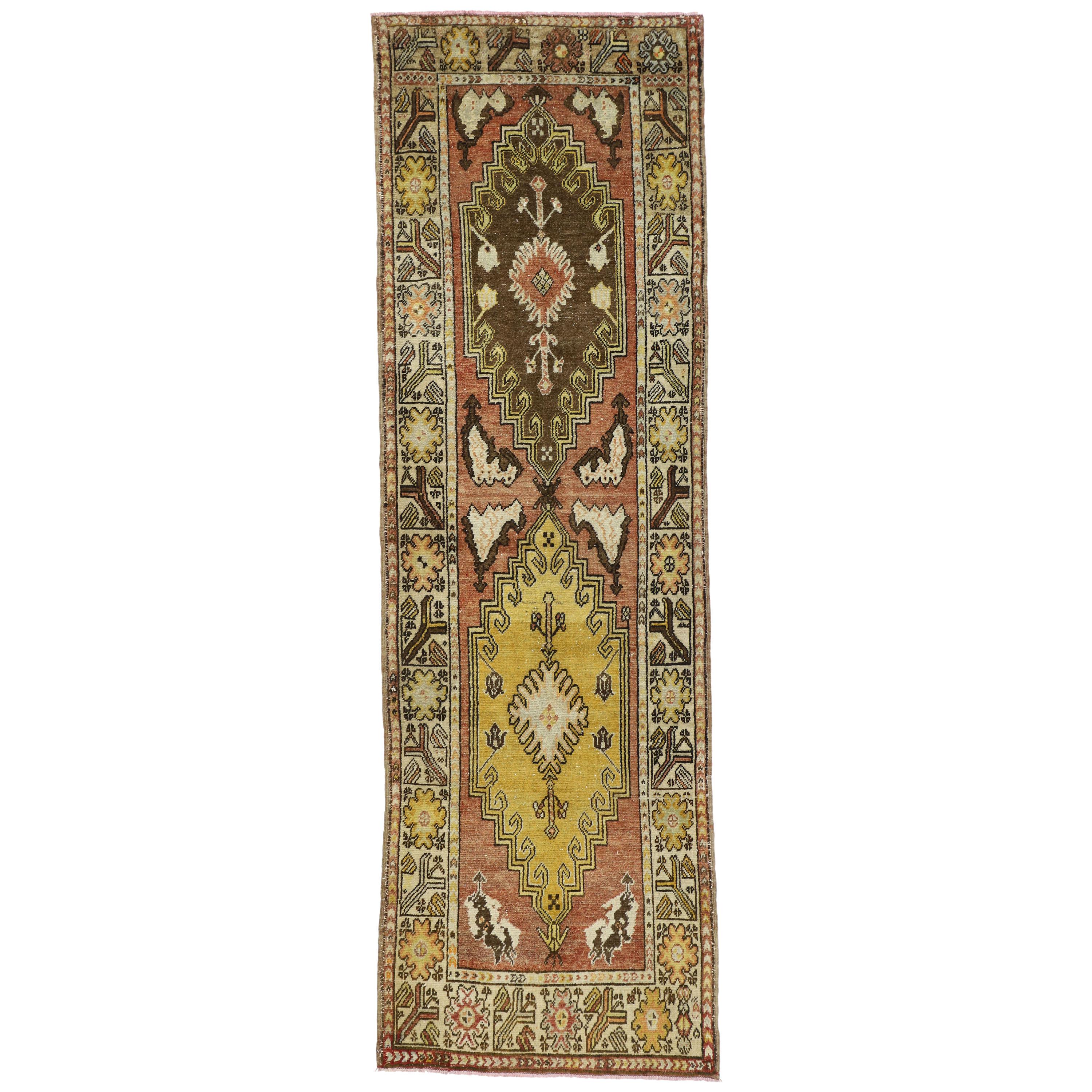 Vintage Turkish Oushak Runner, Tribal Style Hallway Runner