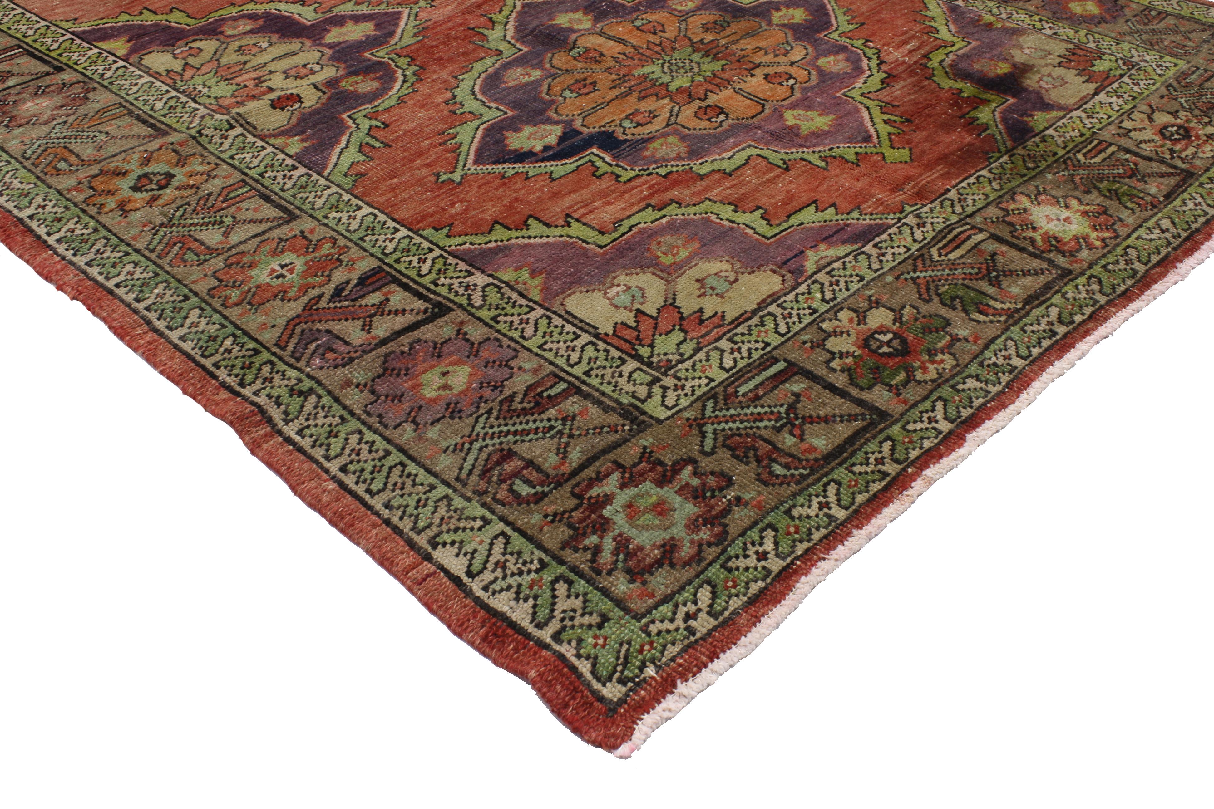 51792, vintage Turkish Oushak runner, wide hallway runner. This hand knotted wool vintage Turkish Oushak runner features four cusped medallions floating in an abrashed field. Complementary medallion-style ziggurats and corner spandrels reach towards