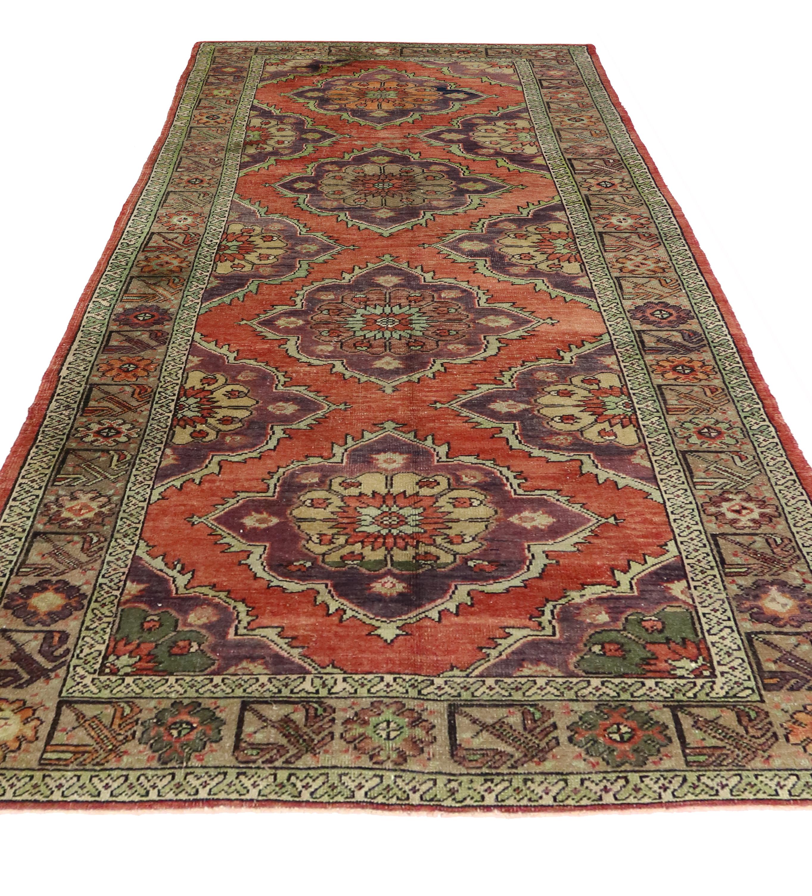 Hand-Knotted Vintage Turkish Oushak Runner, Wide Hallway Runner For Sale