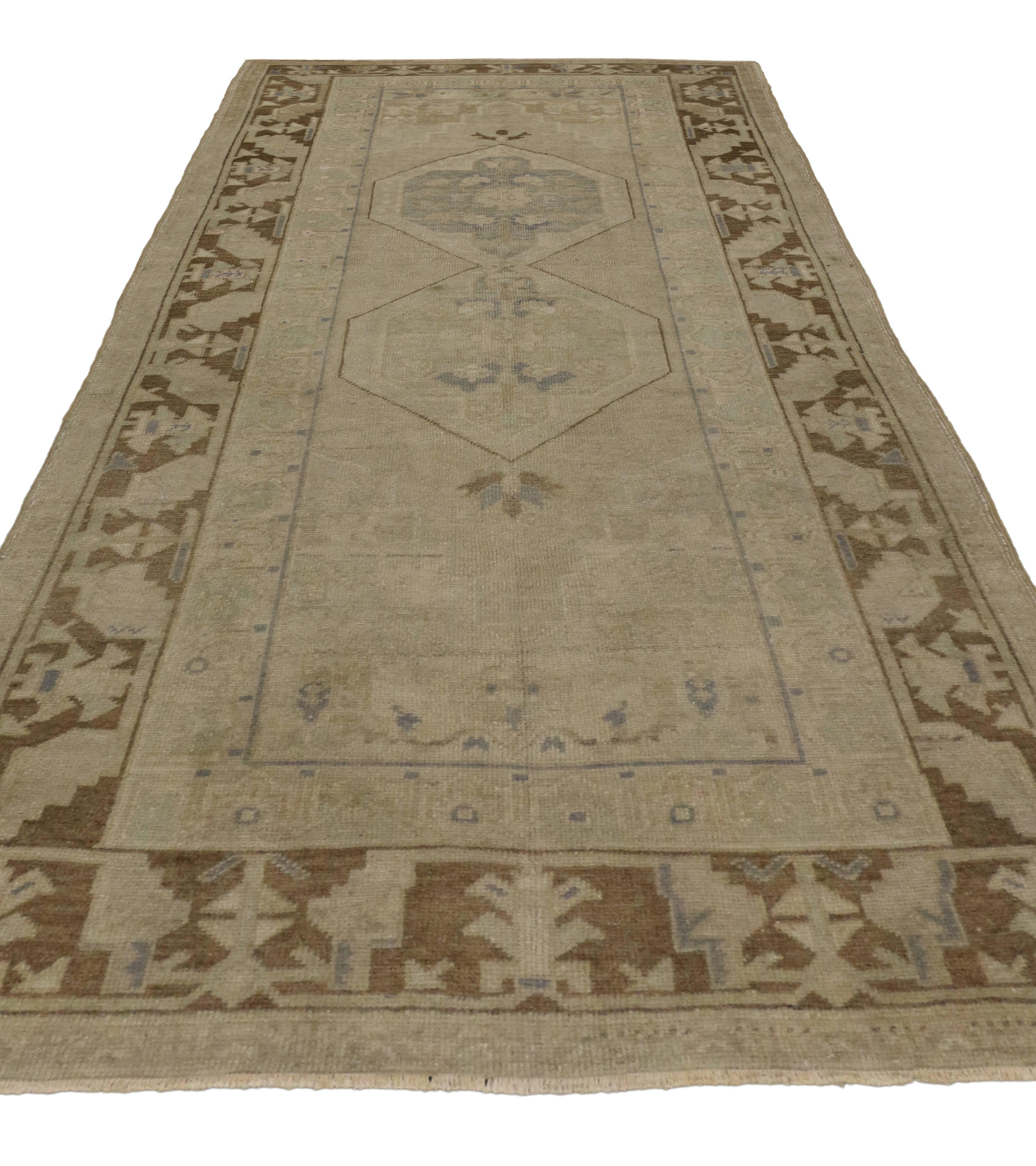 Hand-Knotted Vintage Turkish Oushak Runner, Wide Hallway Runner