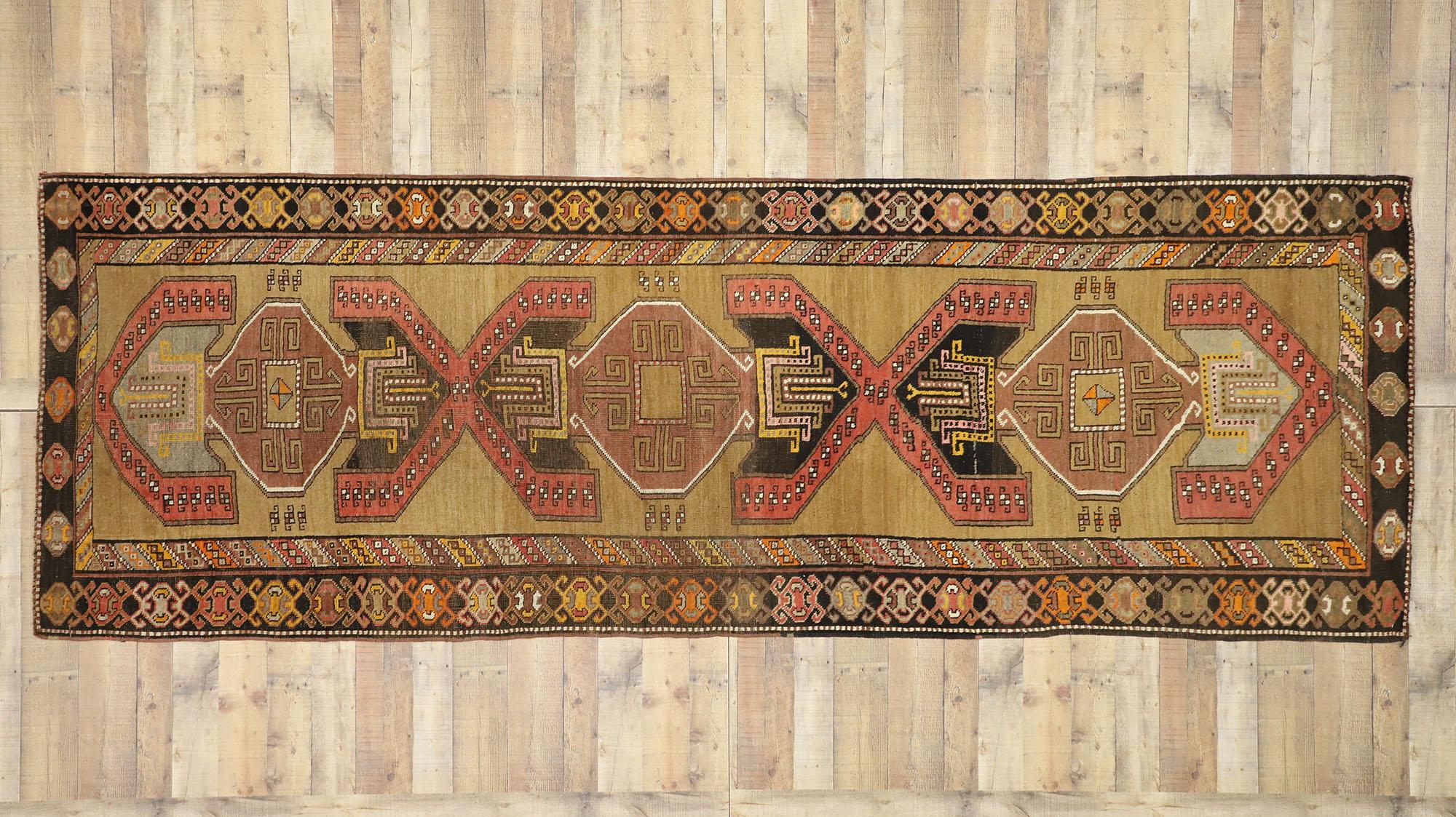 Wool Vintage Turkish Oushak Runner with Anatolian Tribal Style For Sale