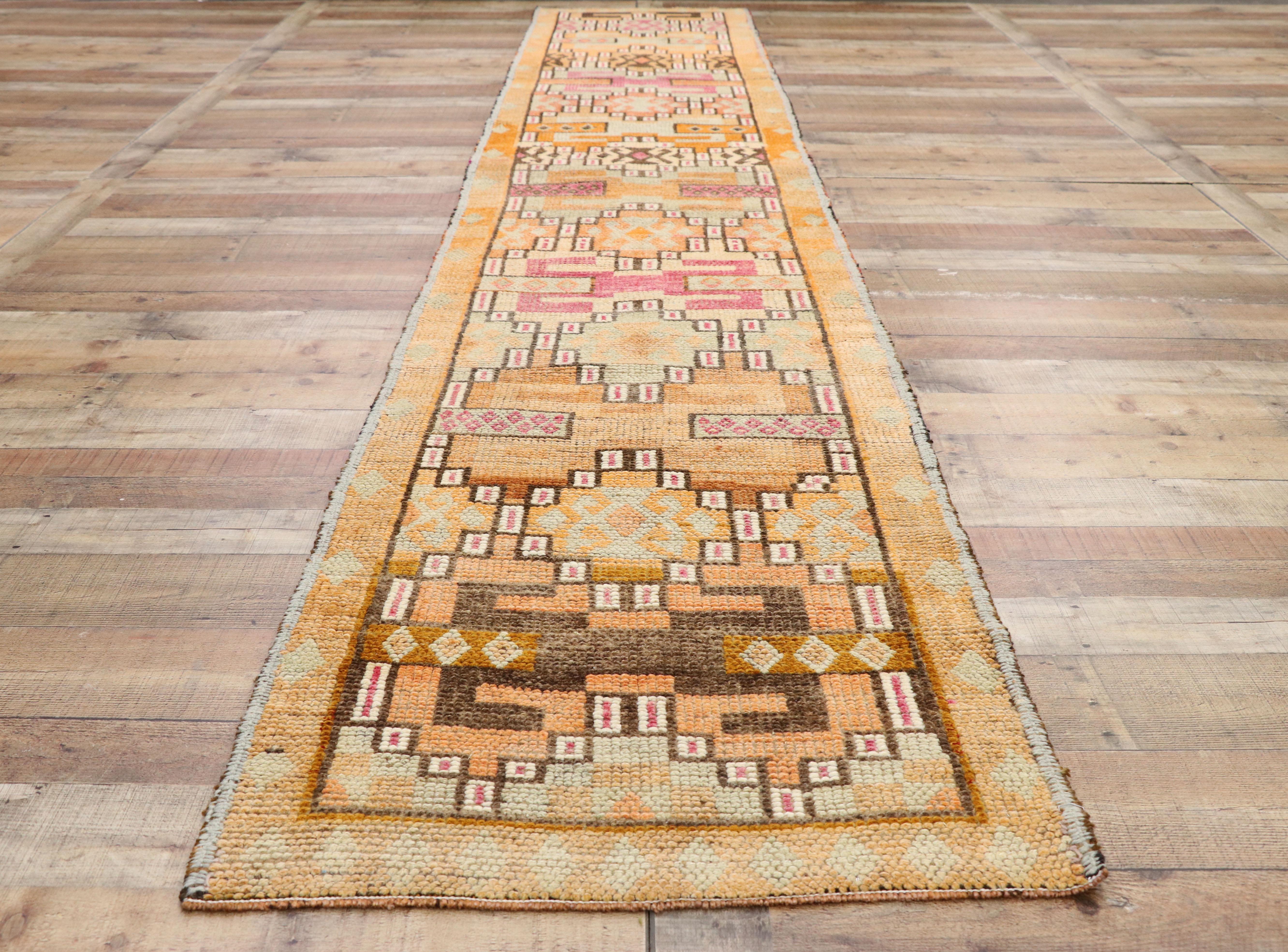 Wool Colorful Vintage Orange Turkish Tribal Oushak Rug Carpet Runner For Sale