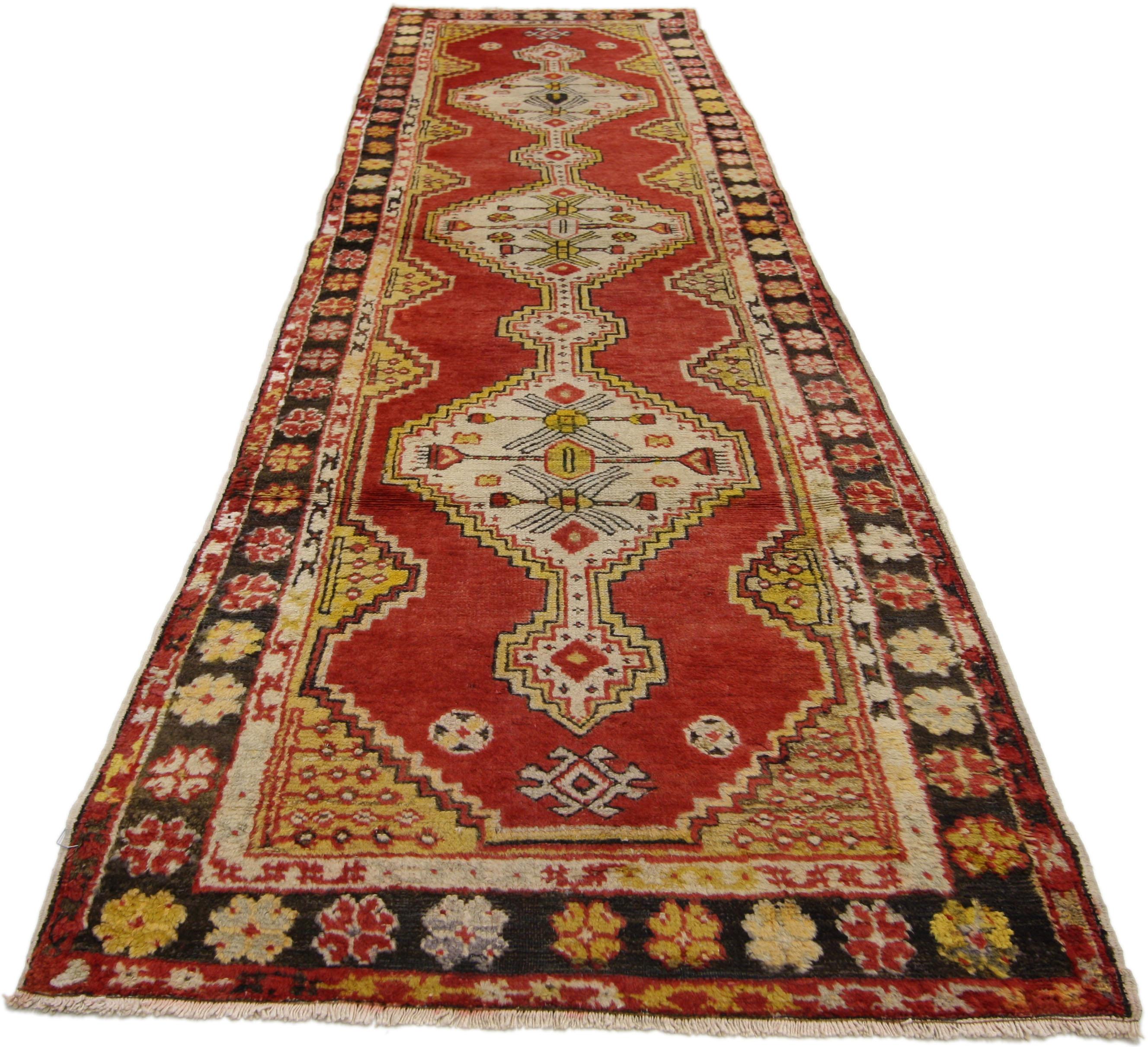 Arts and Crafts Vintage Turkish Oushak Runner with Arts & Crafts Style, Hallway Runner For Sale