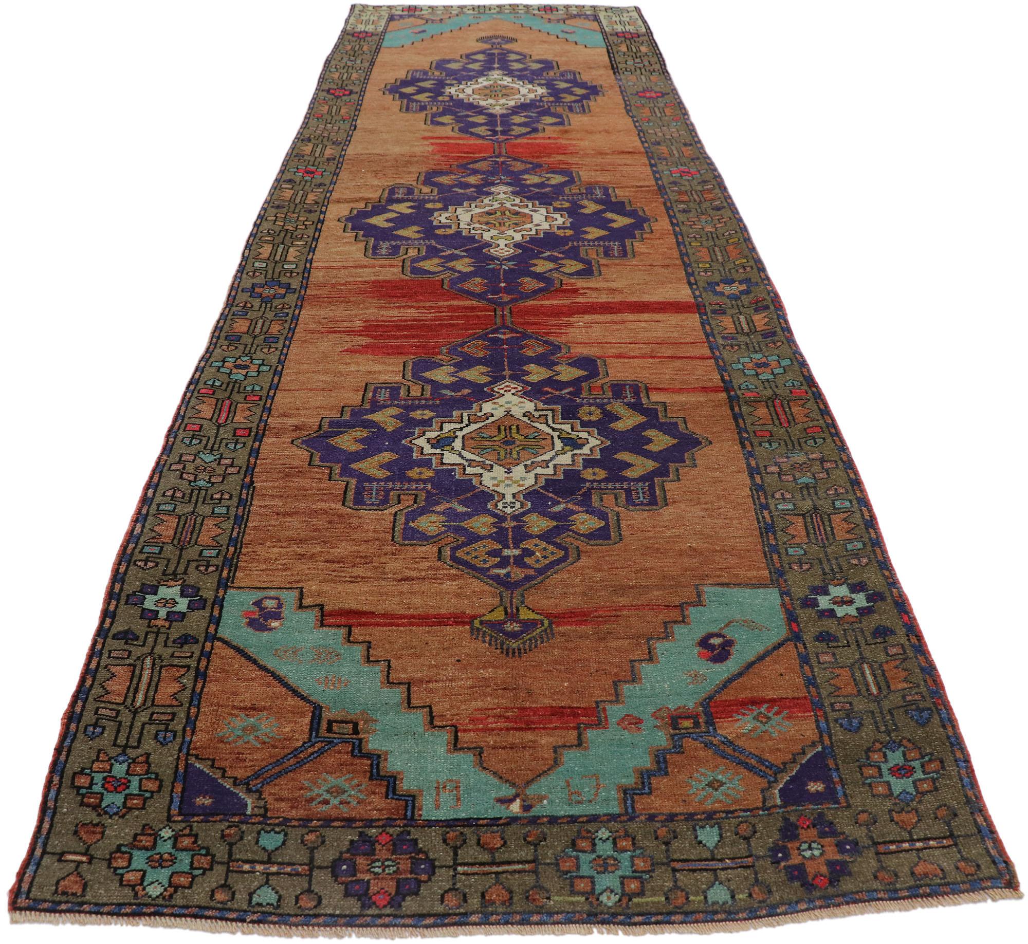 Hand-Knotted Vintage Turkish Oushak Runner with Bohemian Style For Sale