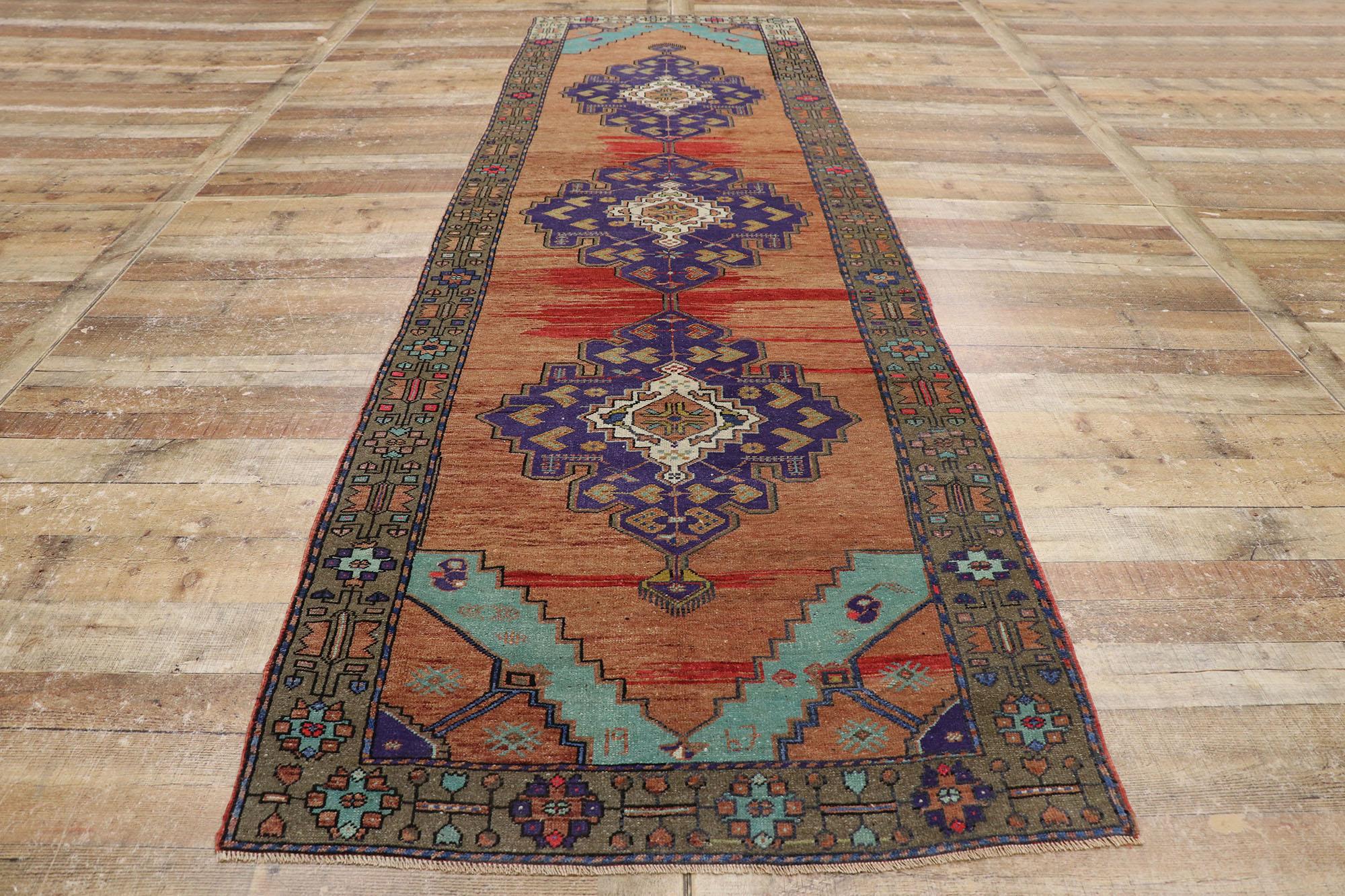 Vintage Turkish Oushak Runner with Bohemian Style For Sale 1
