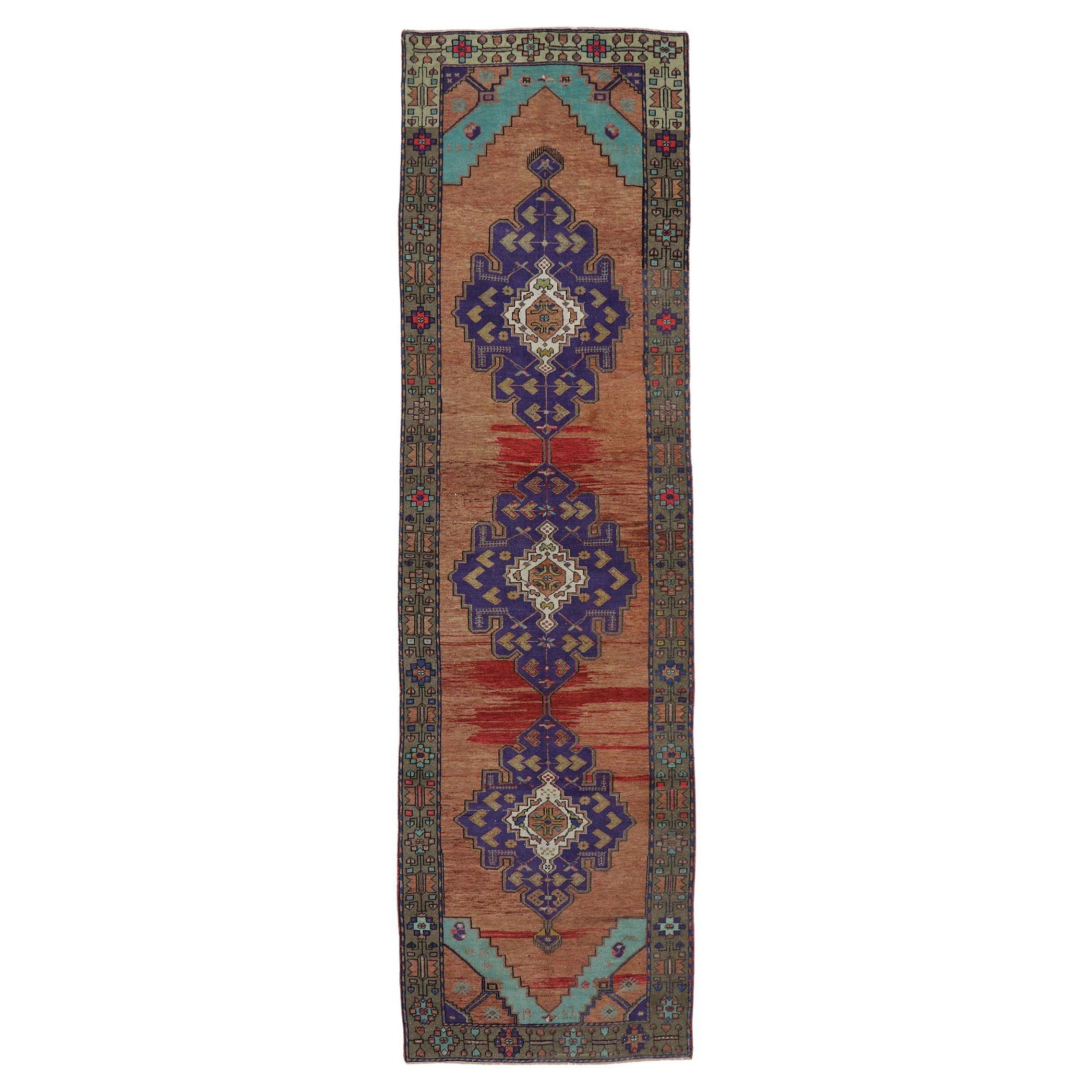 Vintage Turkish Oushak Runner with Bohemian Style For Sale