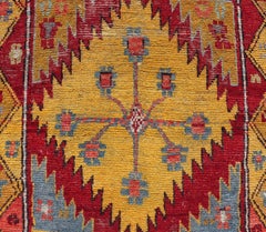 Vintage Turkish Oushak Runner with Bold Gold, Red, and Sky Blue Medallions