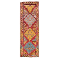 Vintage Turkish Oushak Runner with Bold Gold, Red, and Sky Blue Medallions