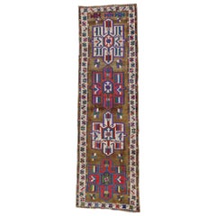 Runner turco vintage in oushak con colori pop, runner per corridoio