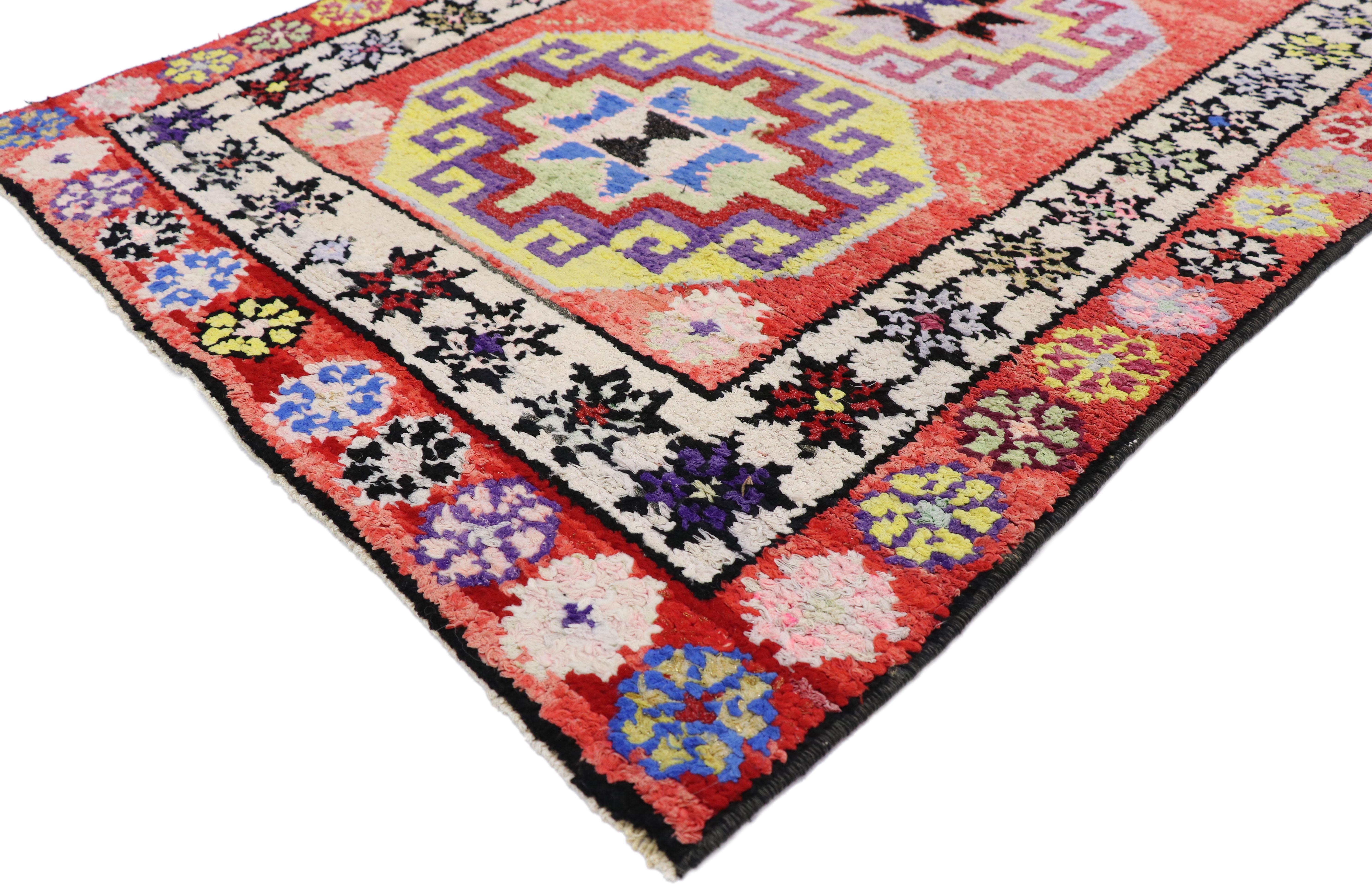 52639, vintage Turkish Oushak runner with contemporary Tribal and Modern Mexican style. With its vibrant colors and exotic pattern, this hand knotted wool vintage Turkish Oushak runner beautifully melds modern Mexican style with contemporary tribal