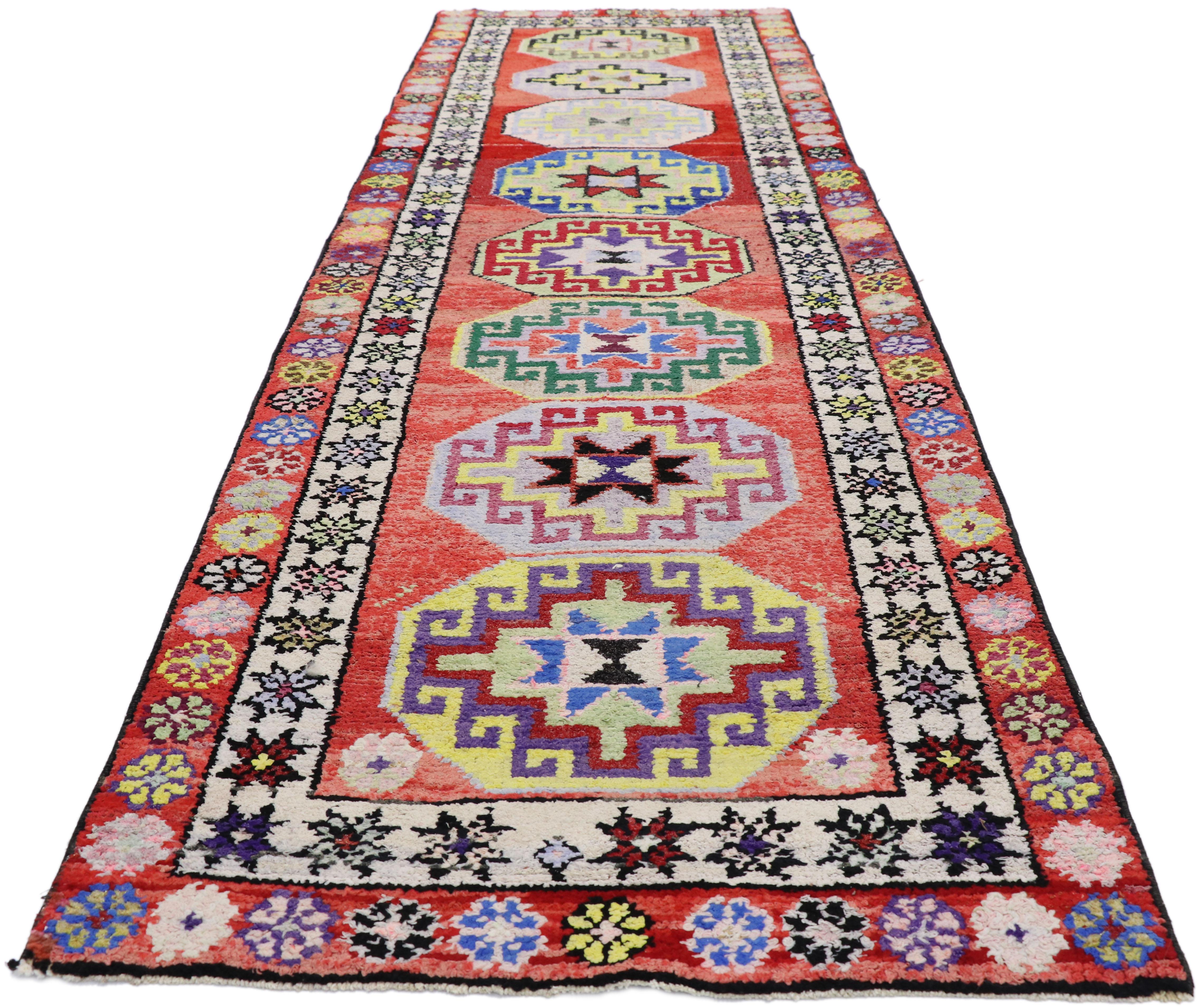 Hand-Knotted Vintage Turkish Oushak Runner with Contemporary Tribal and Modern Mexican Style For Sale