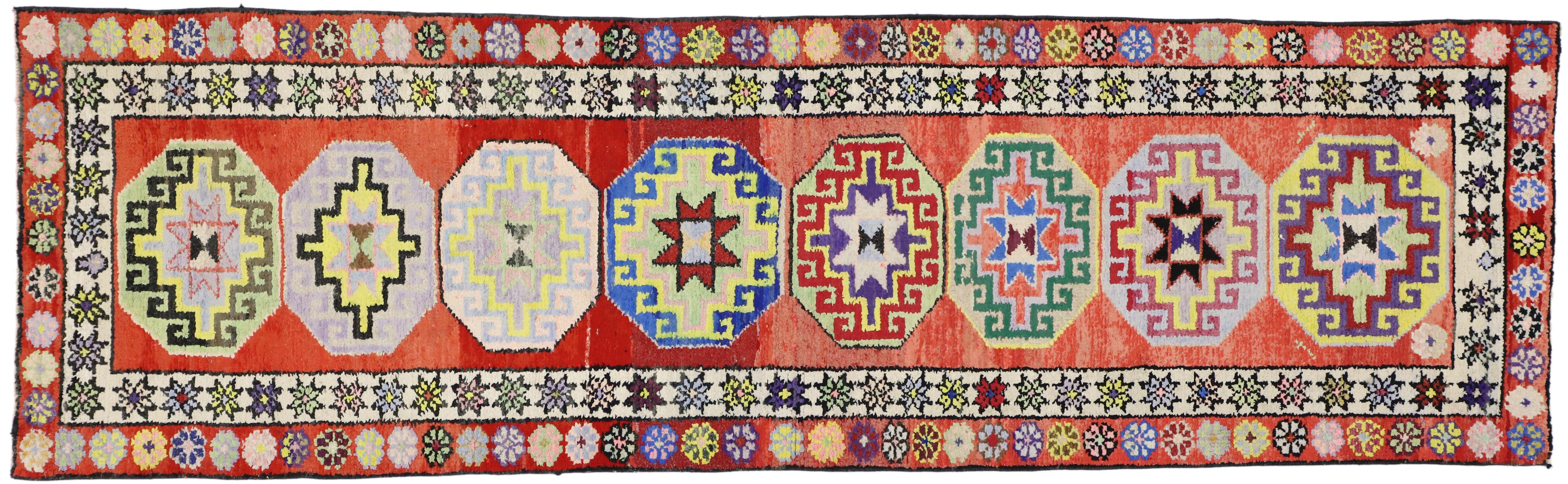 Wool Vintage Turkish Oushak Runner with Contemporary Tribal and Modern Mexican Style For Sale