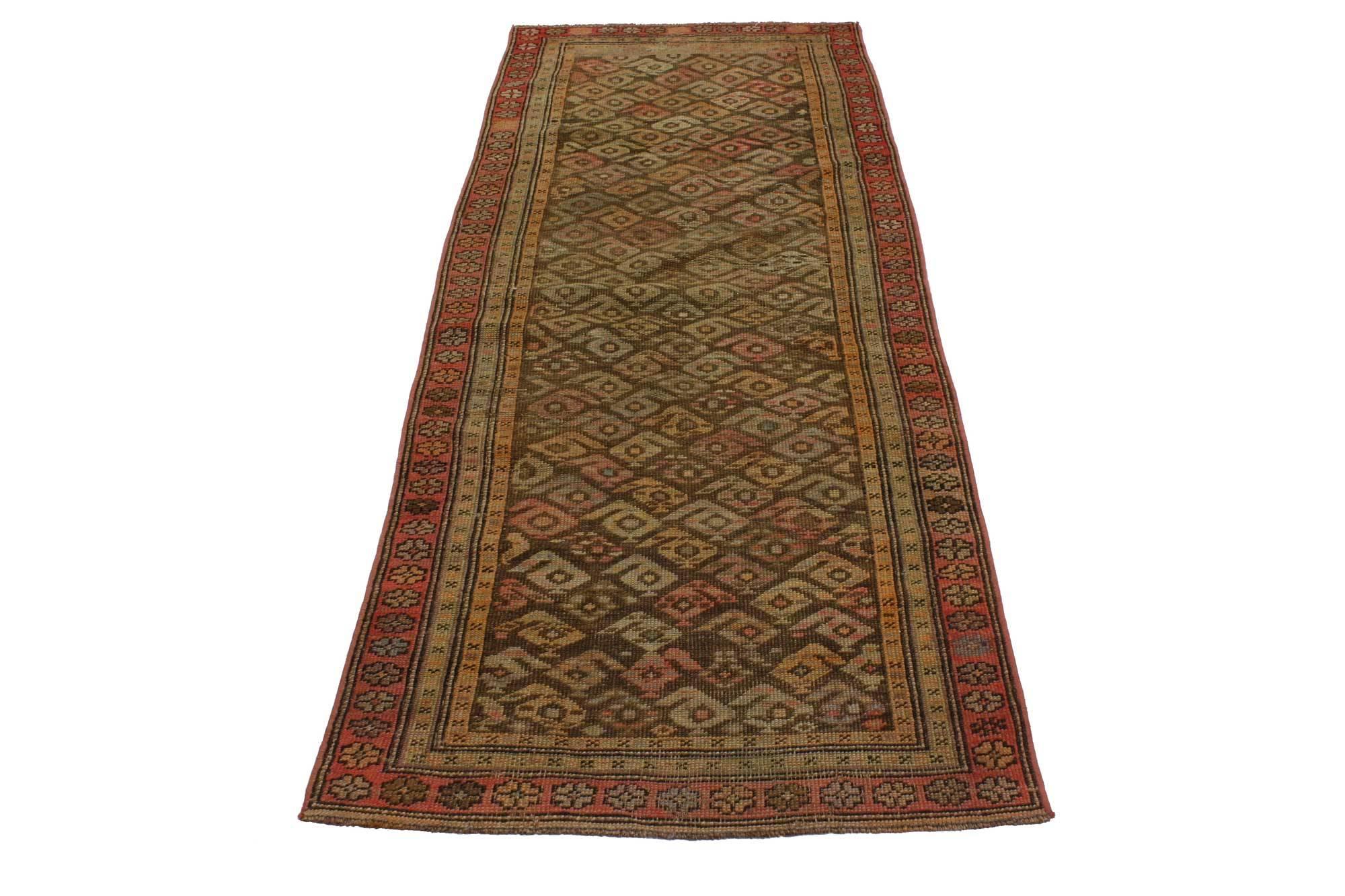Hand-Knotted Vintage Turkish Oushak Runner with Craftsman Style, Short Hallway Runner For Sale