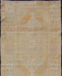 Vintage Turkish Oushak Runner with Dual Medallion in Yellow, Cream, Light Orange