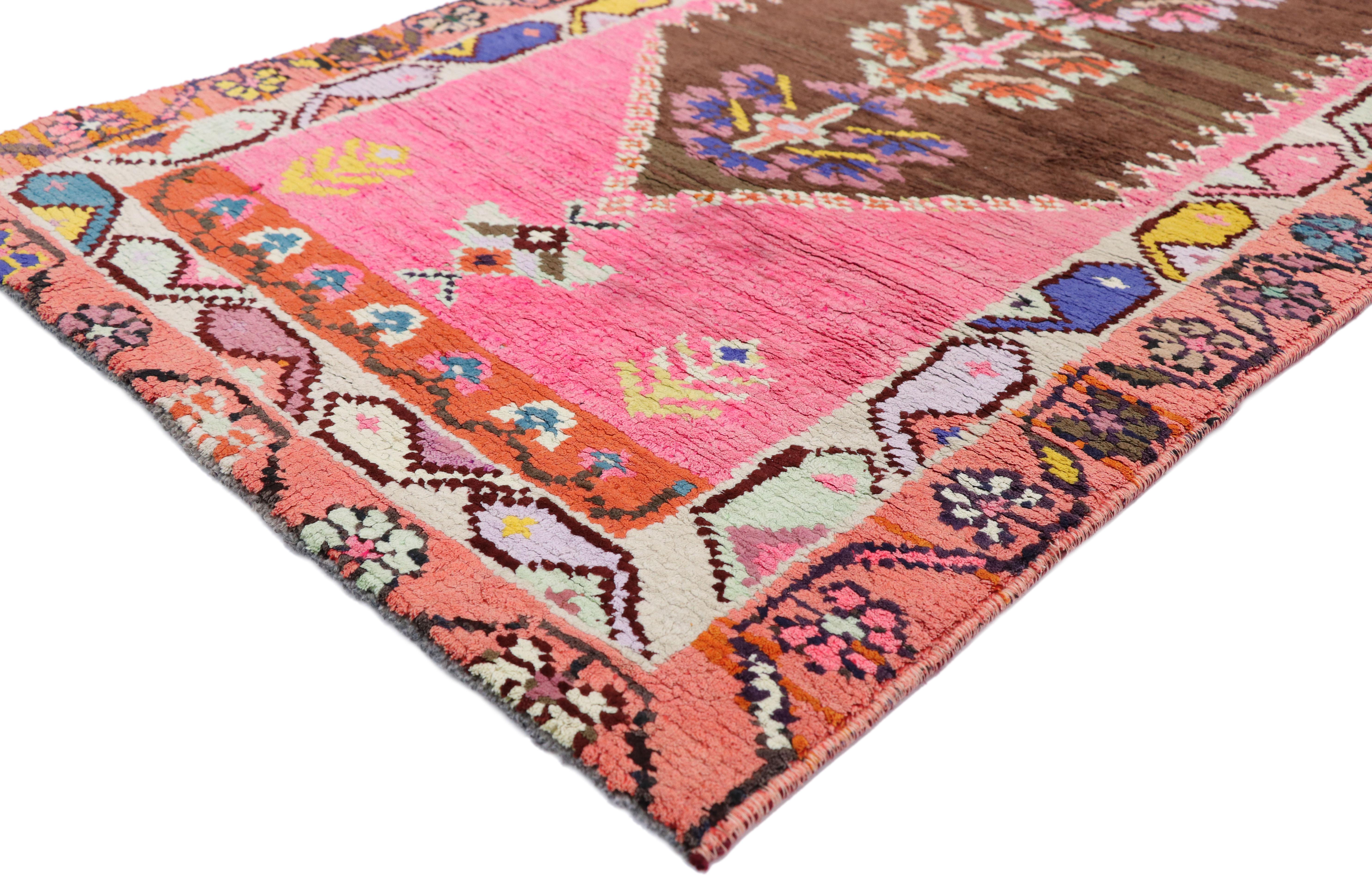 52662, vintage Turkish Oushak runner with eclectic Modern Mexican Frida Kahlo style. Drawing inspiration from Frida Kahlo and Modern Mexican style, this hand knotted wool vintage Turkish Oushak runner is eccentric, colorful, and exciting. The