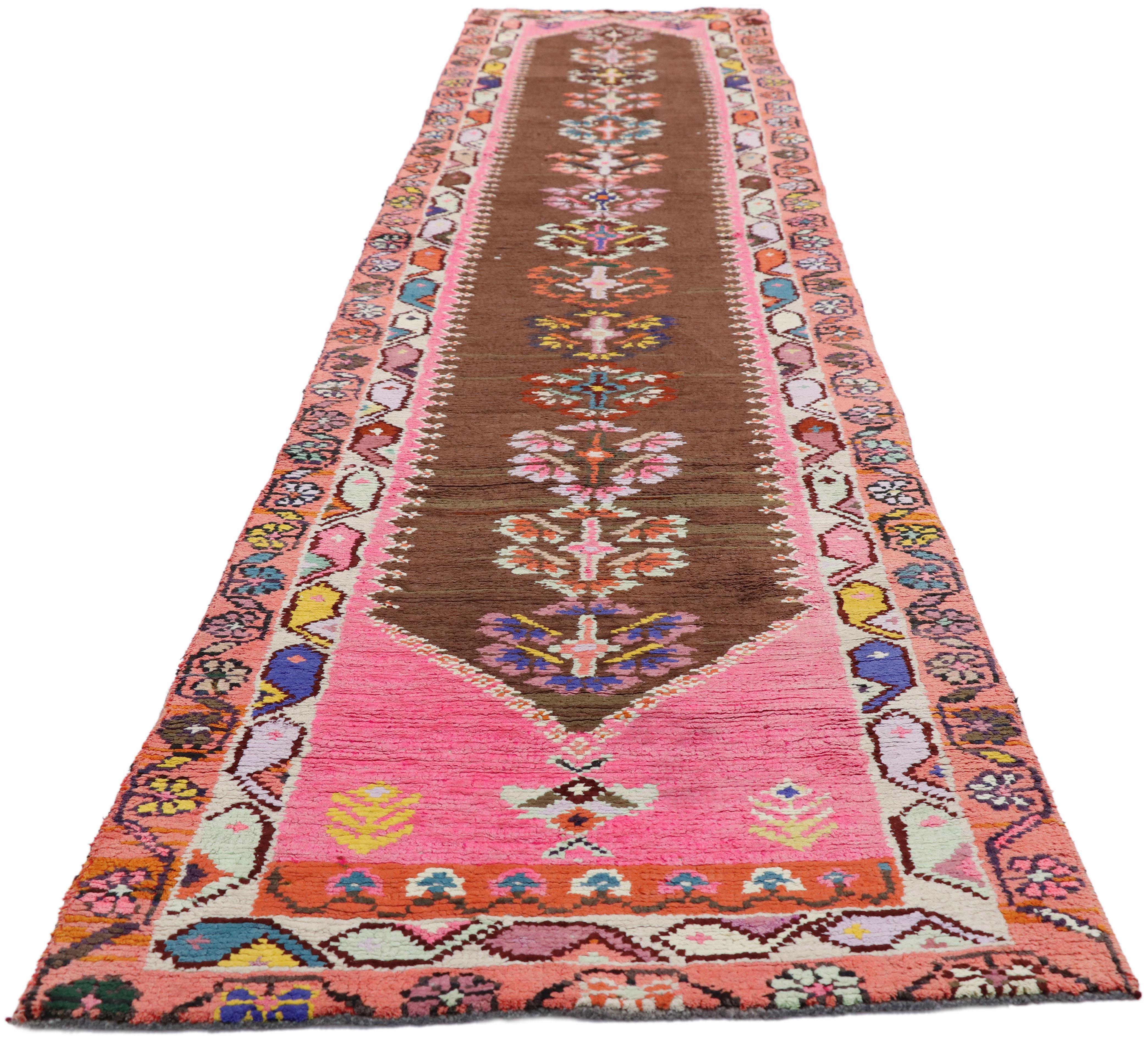 Hand-Knotted Vintage Turkish Oushak Runner with Eclectic Modern Mexican Frida Kahlo Style For Sale