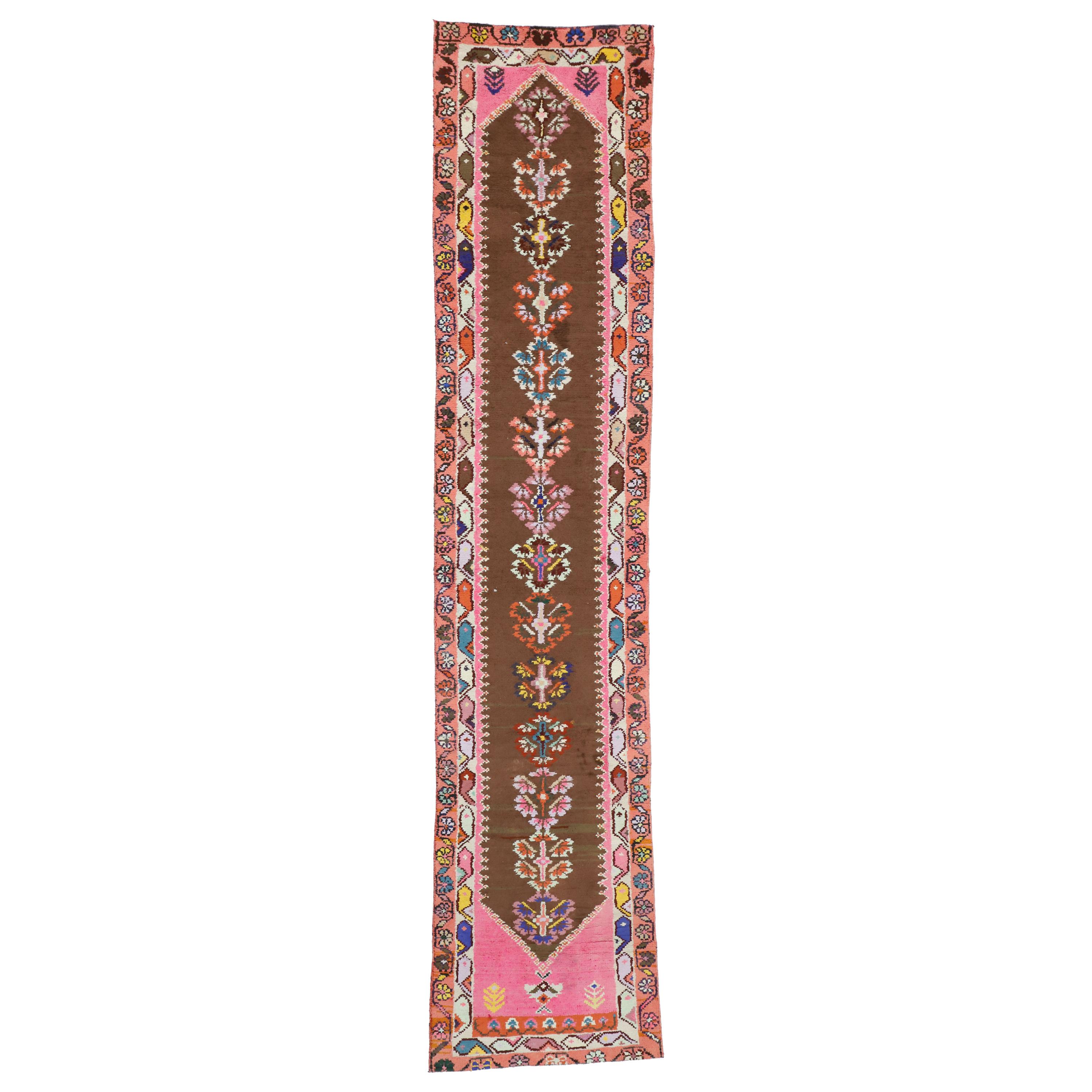 Vintage Turkish Oushak Runner with Eclectic Modern Mexican Frida Kahlo Style For Sale