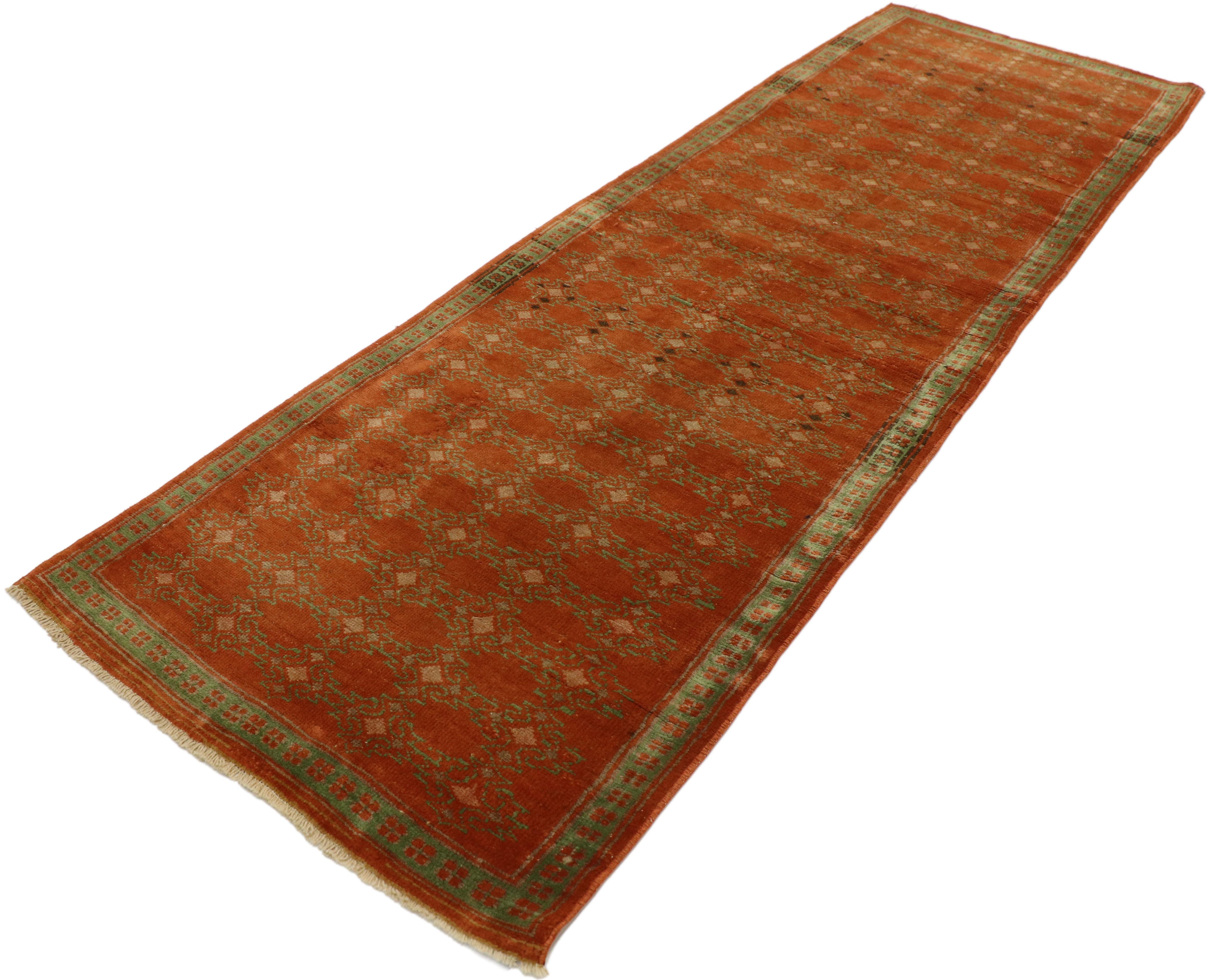 53215 Vintage Turkish Oushak Runner with Elizabethan Medieval style. Rich in detail with a traditional feel and well-balanced symmetry, this hand knotted wool vintage Turkish Oushak runner beautifully embodies an Elizabethan Medieval style. The