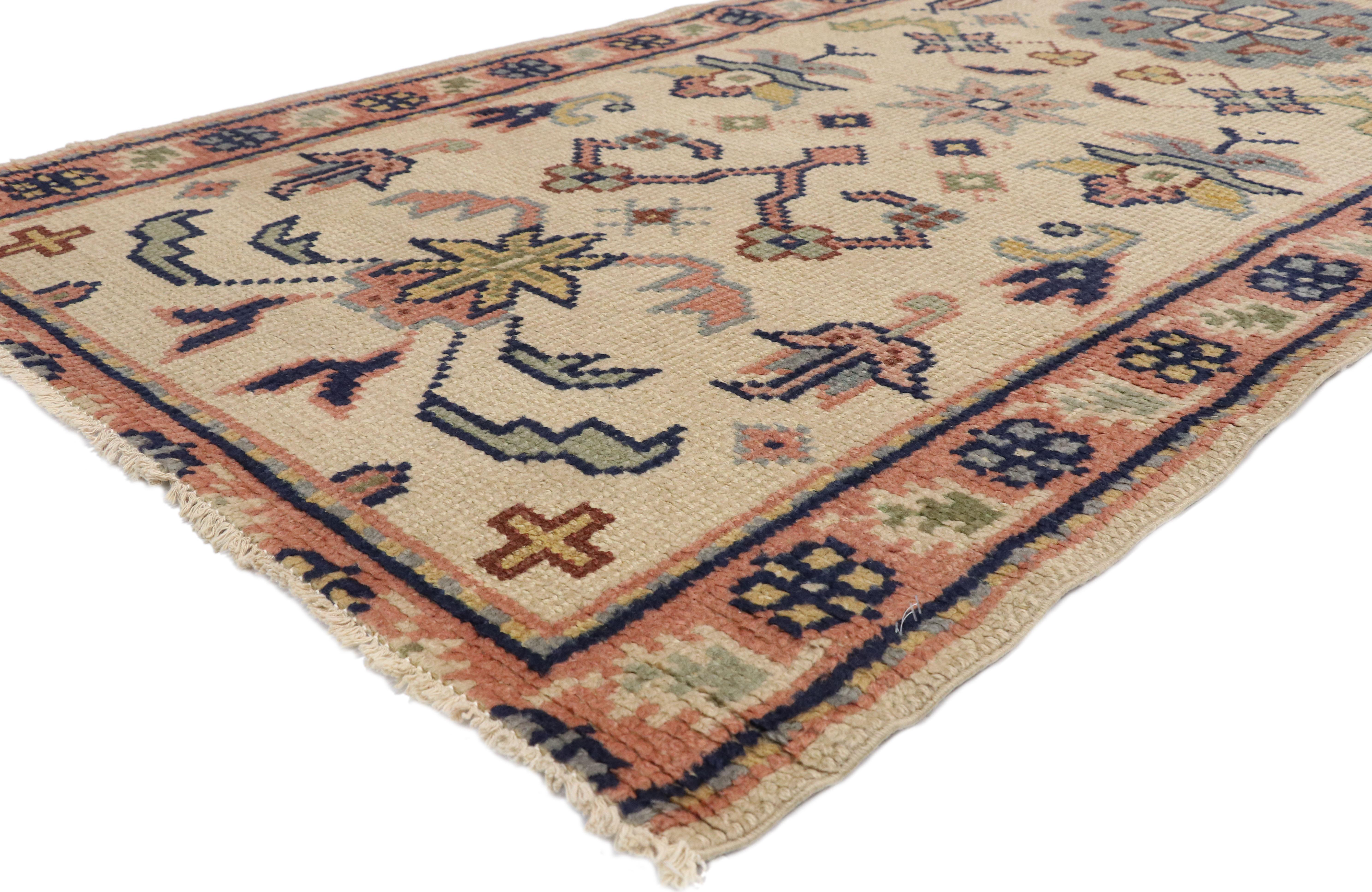 71674 vintage Turkish Oushak runner with European cottage Georgian style, hallway runner. With an elaborate design and pastel colors, this hand knotted wool vintage Turkish Oushak runner beautifully embodies European cottage and Georgian style. It