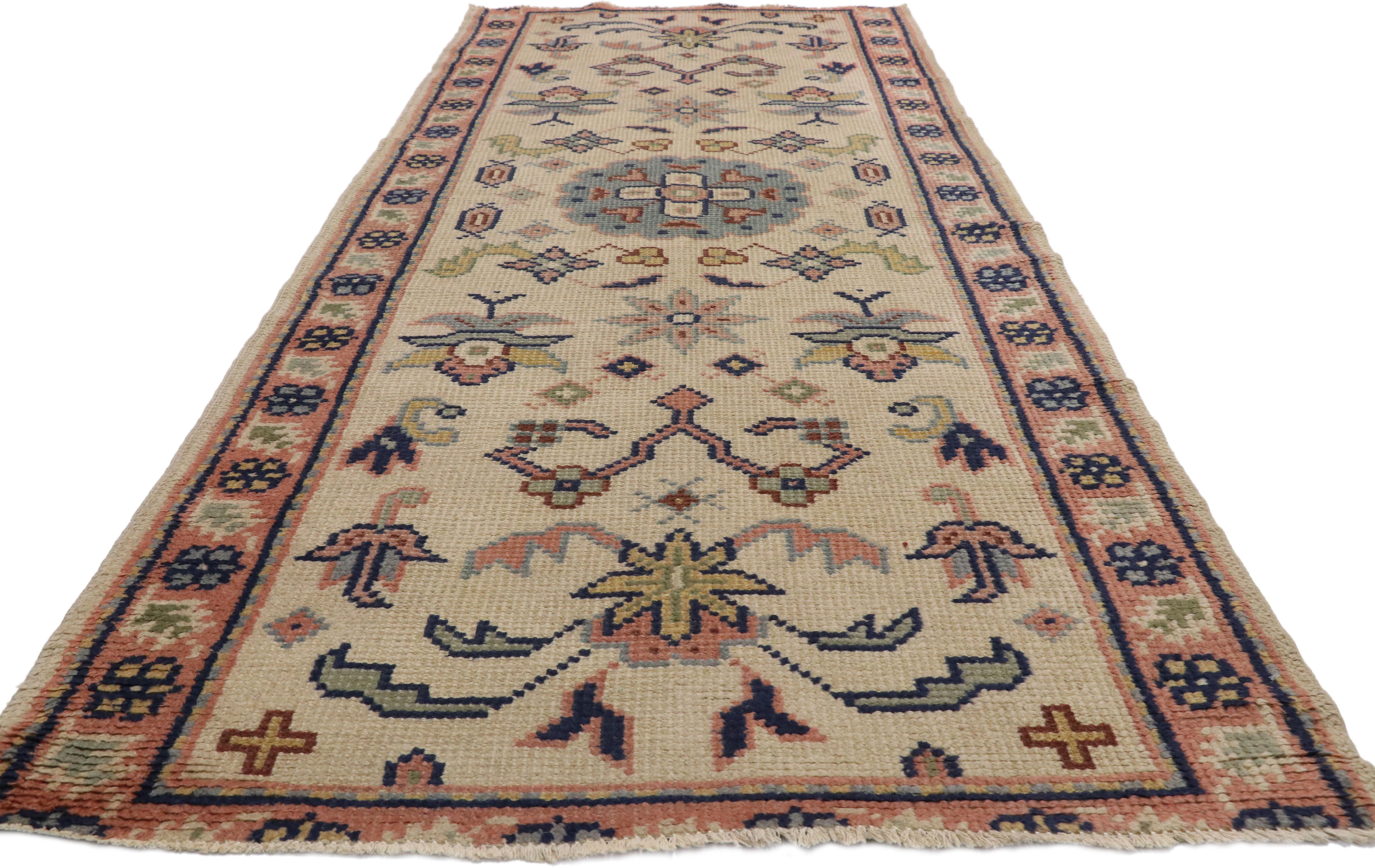 Hand-Knotted Vintage Turkish Oushak Runner with European Cottage Georgian Style For Sale