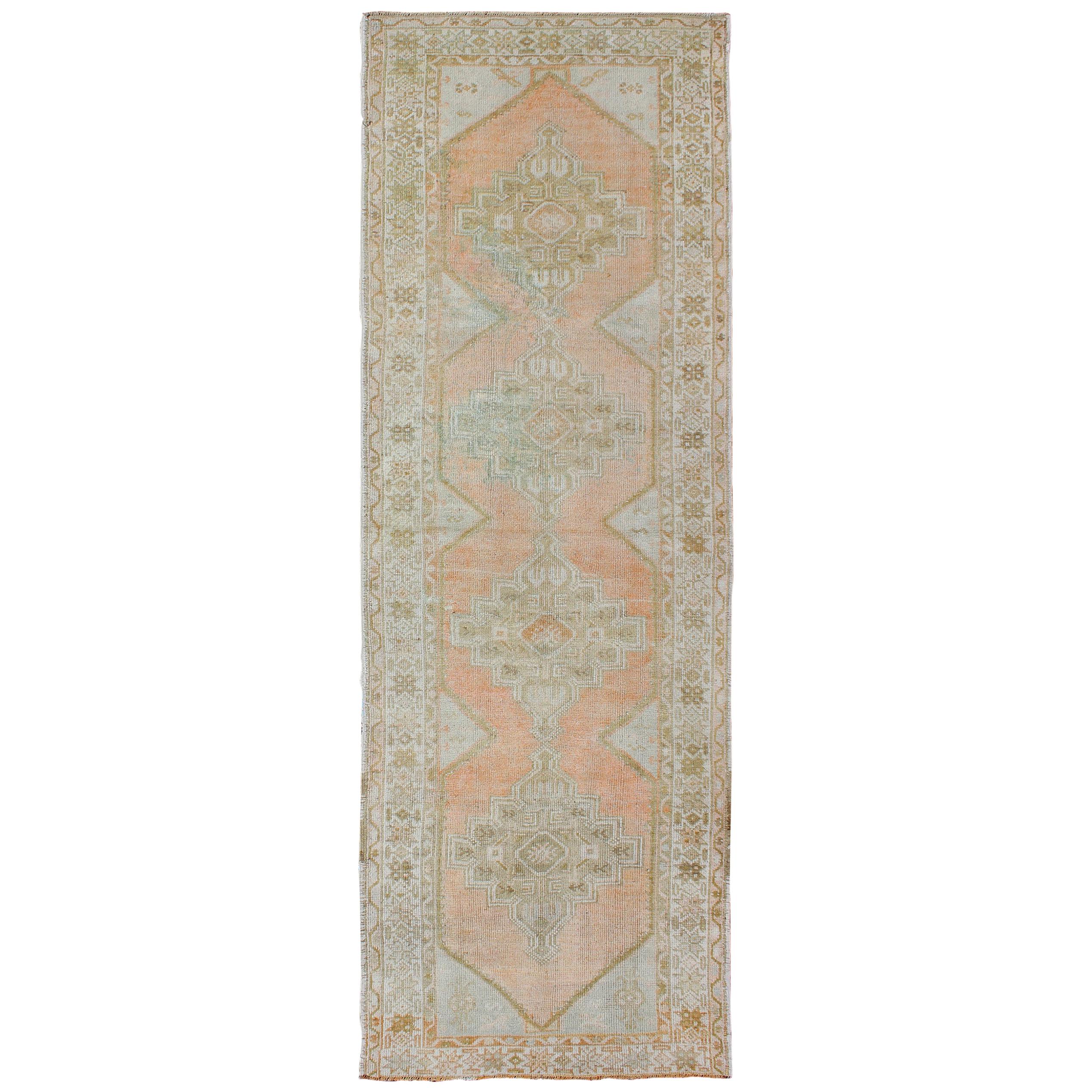 Vintage Turkish Oushak Runner with Faded Coral, Green and Light Brown