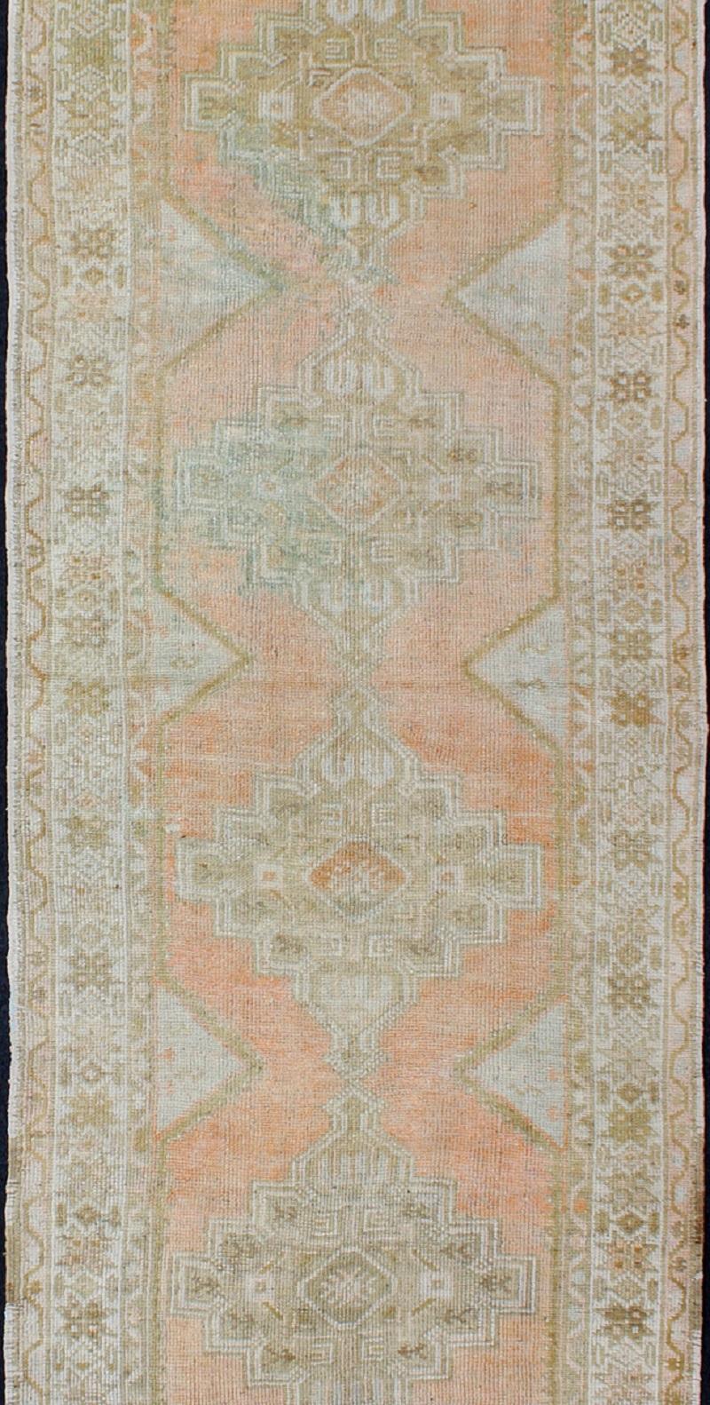 Hand-Knotted Vintage Turkish Oushak Runner with Faded Coral, Green and Light Brown