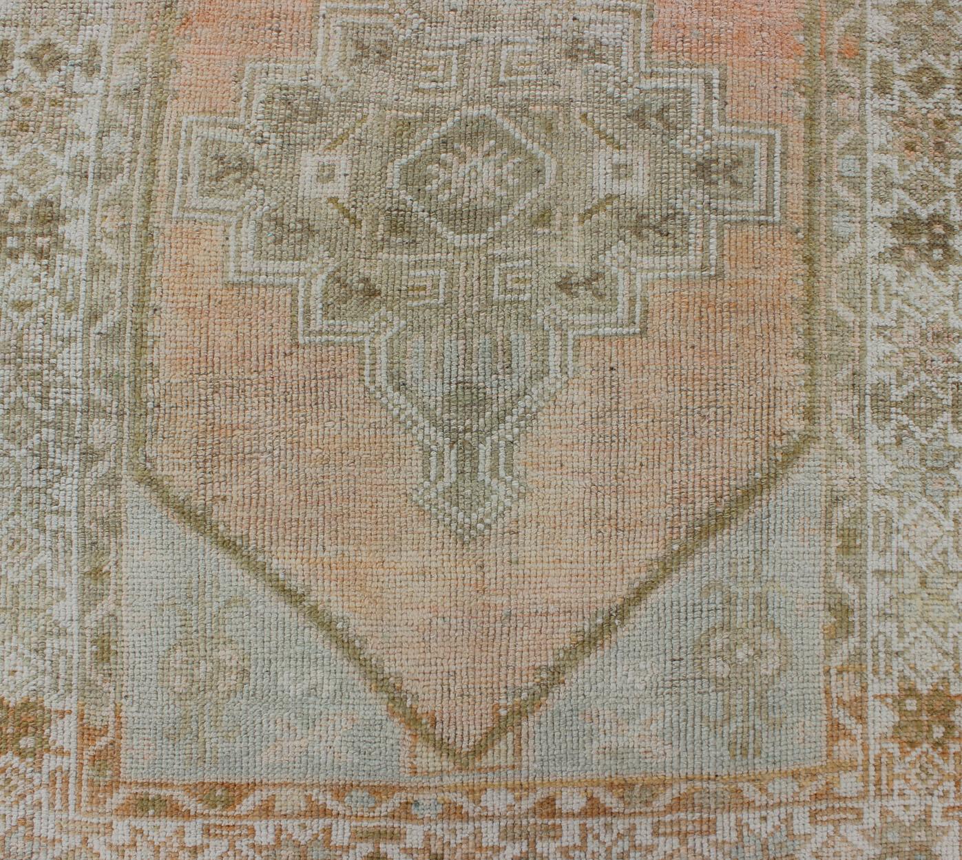 Vintage Turkish Oushak Runner with Faded Coral, Green and Light Brown 1