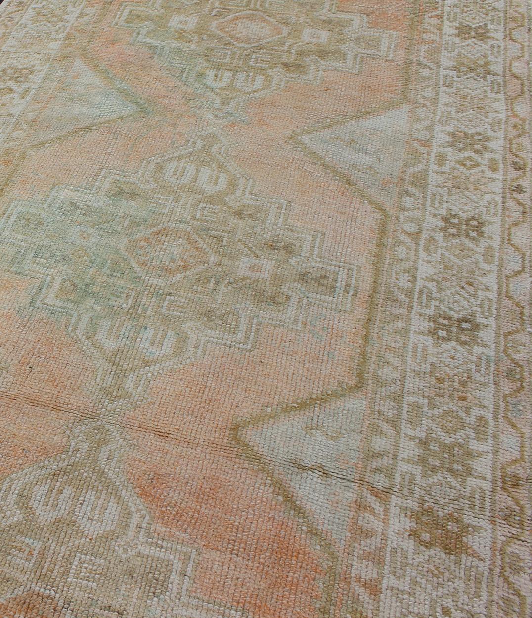 Vintage Turkish Oushak Runner with Faded Coral, Green and Light Brown 2