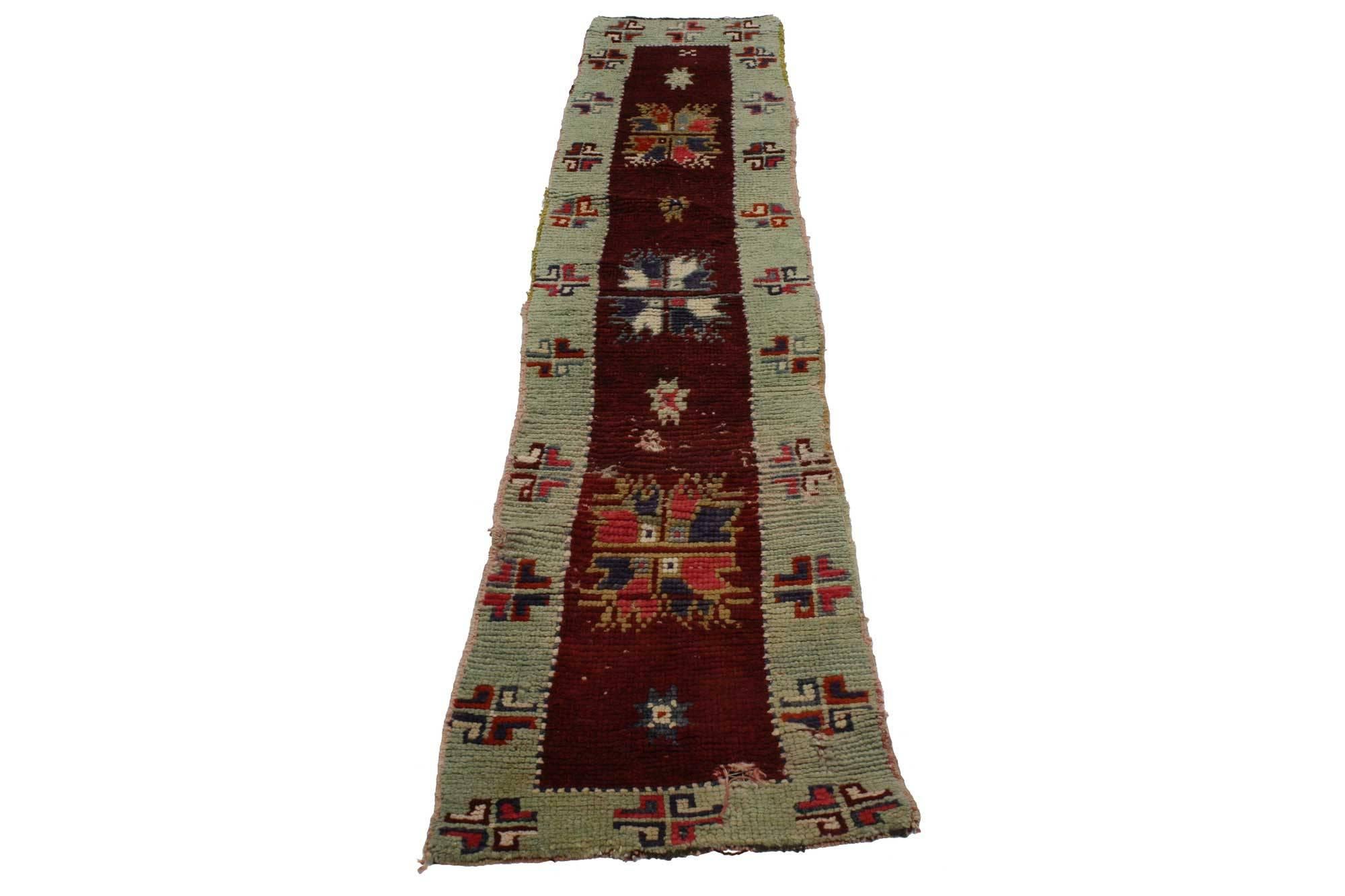 51722, Oushak runner with Farmhouse style. Charming and alluring, this Oushak runner will delight guests to your farmhouse style home in a hallway, entryway, bedroom, or galley kitchen. A deep burgundy, maroon, and wine red field anchors the runner