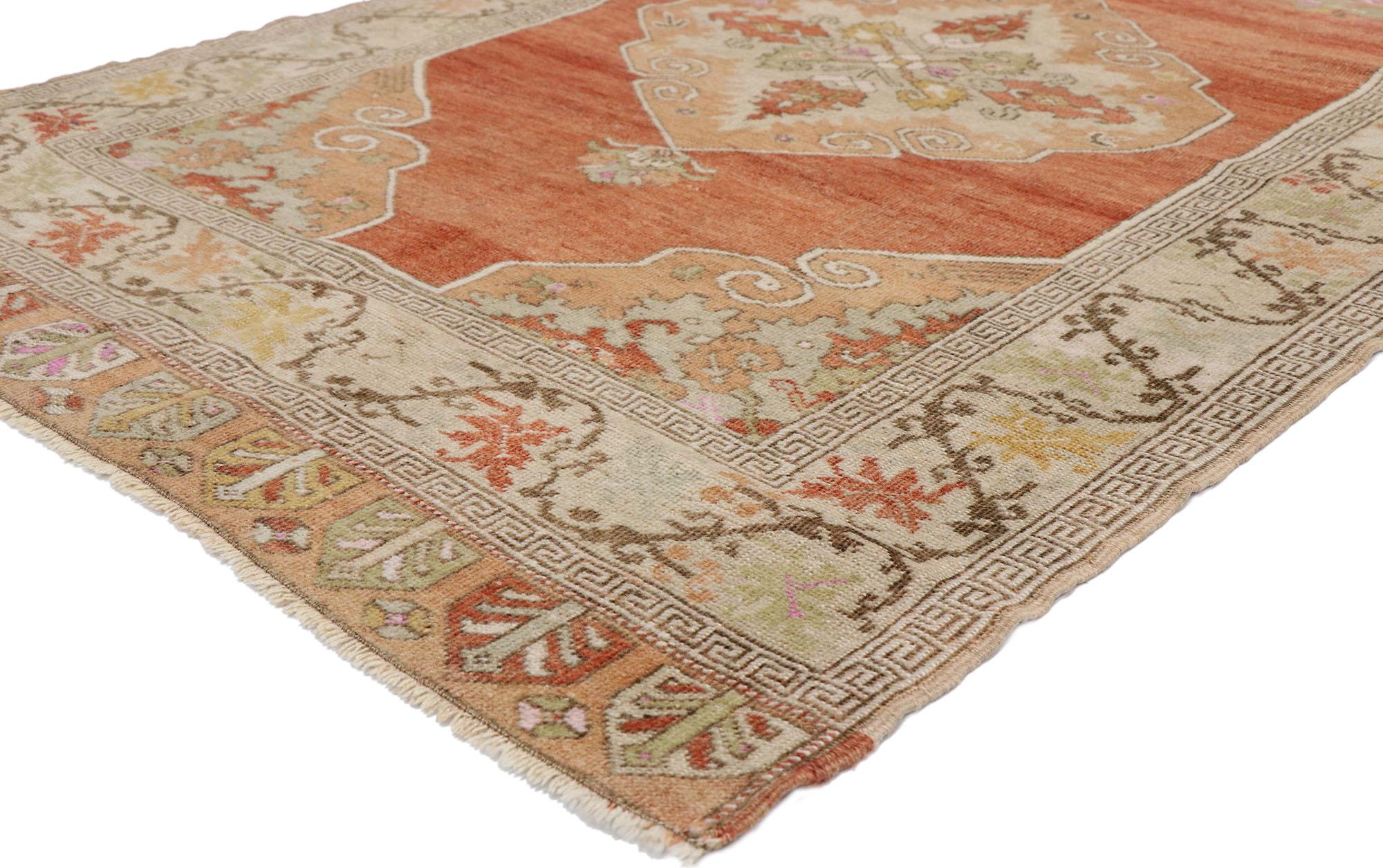 52742, vintage Turkish Oushak runner with Feminine Rustic Arts & Crafts style 03'06 x 12'10. This hand knotted wool vintage Turkish Oushak runner features three medallions anchored with palmette finials at either end and dotted with floral bouquets