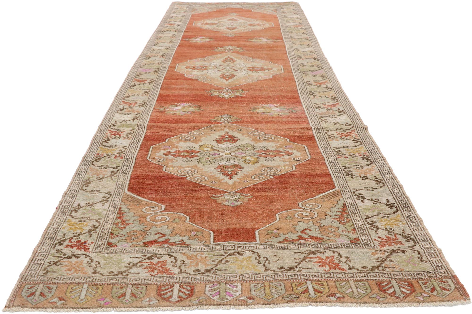 Hand-Knotted Vintage Turkish Oushak Runner with Feminine Rustic Arts & Crafts Style For Sale